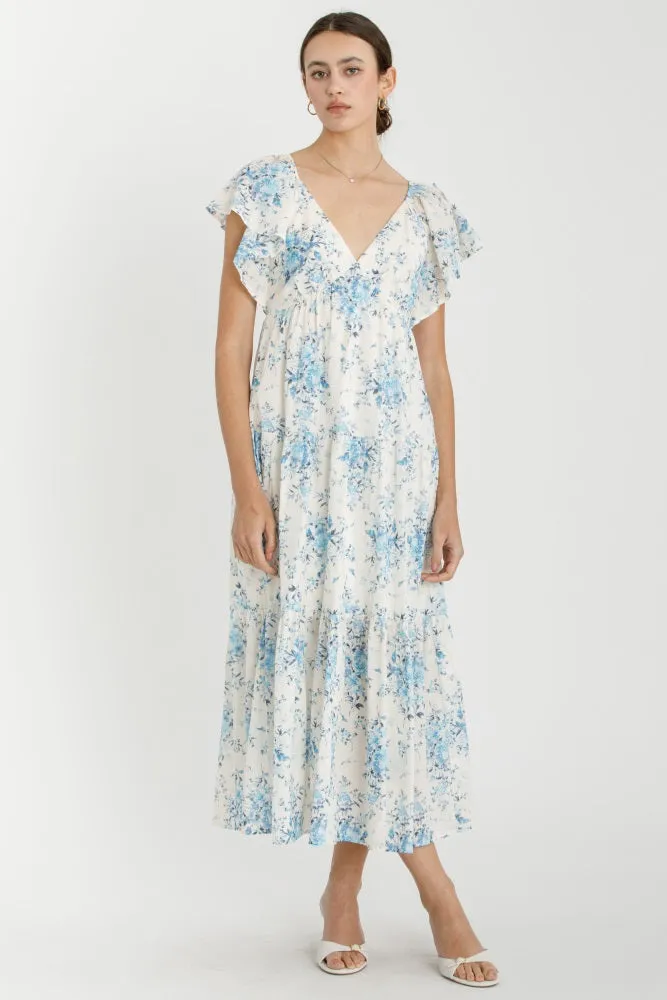 Light Blue Floral Flutter Sleeve Tiered Maxi Dress sold by Pinkblush