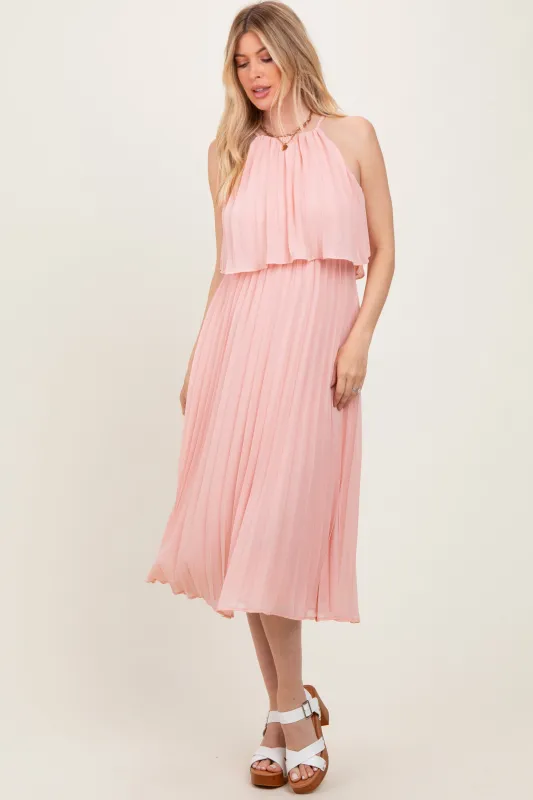 Pink Pleated Woven Midi Dress sold by Pinkblush