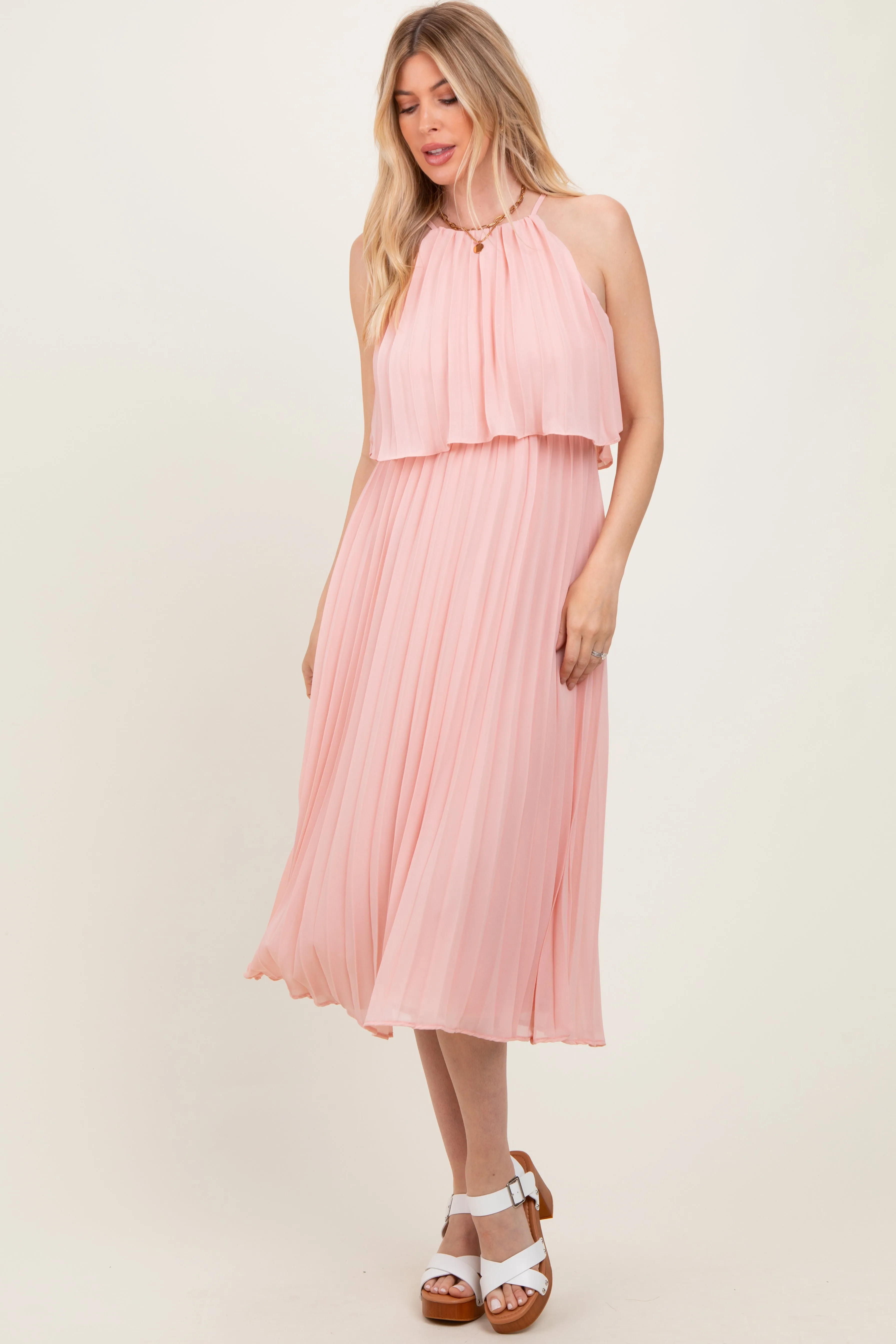 Pink Pleated Woven Midi Dress sold by Pinkblush