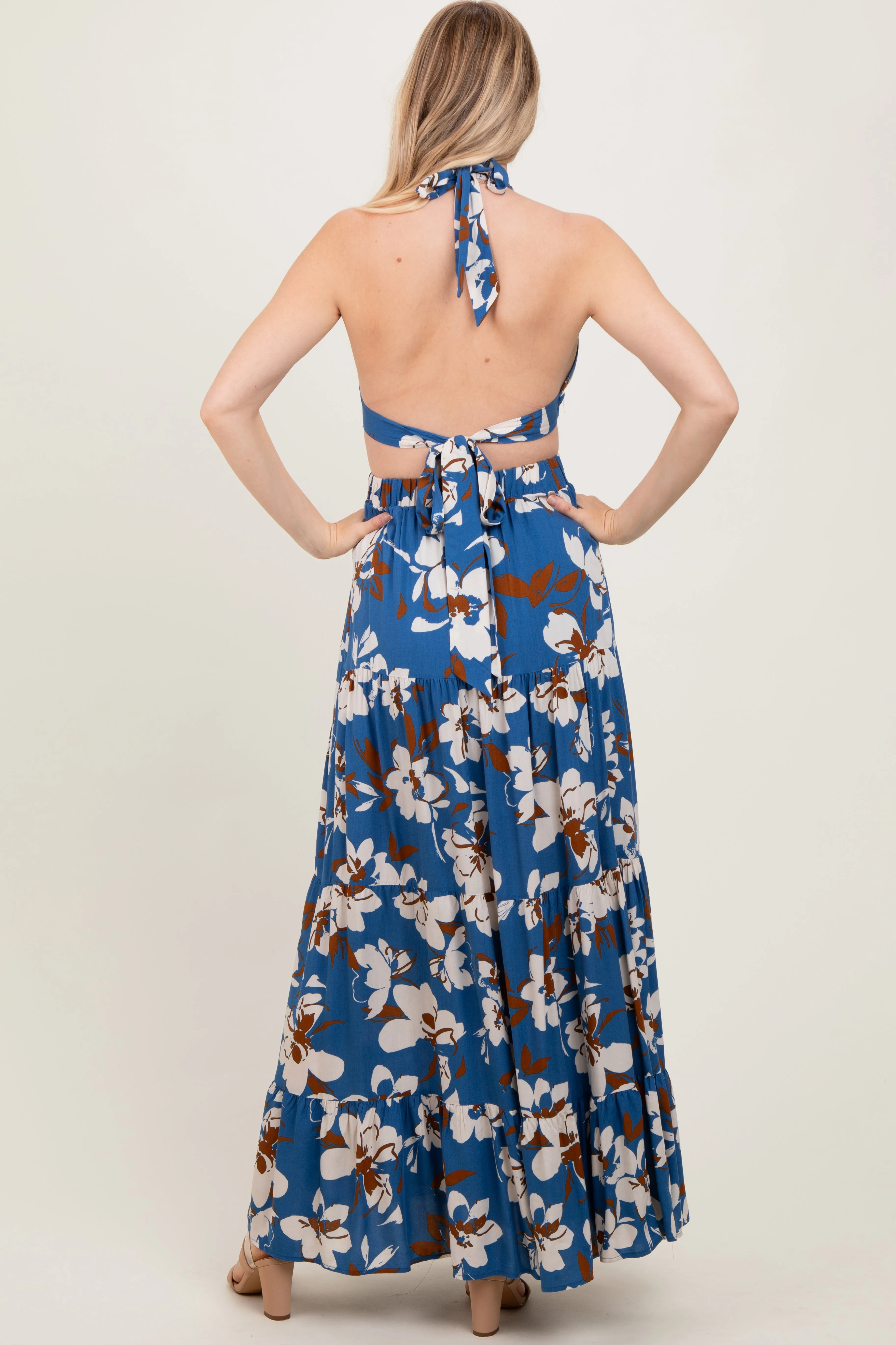 Blue Floral Halter Side Cutout Maxi Dress sold by Pinkblush product image thumbnail 4