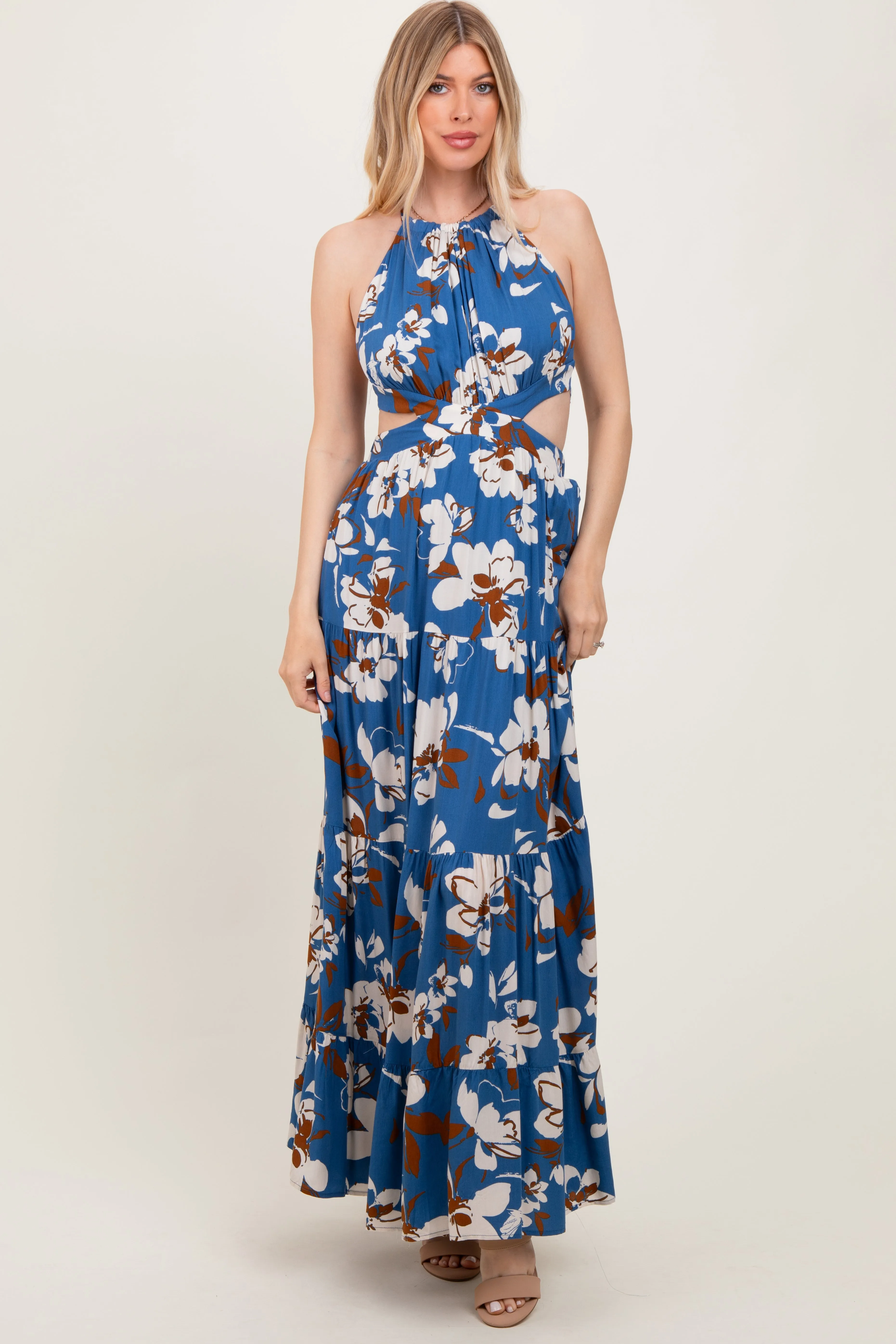 Blue Floral Halter Side Cutout Maxi Dress sold by Pinkblush