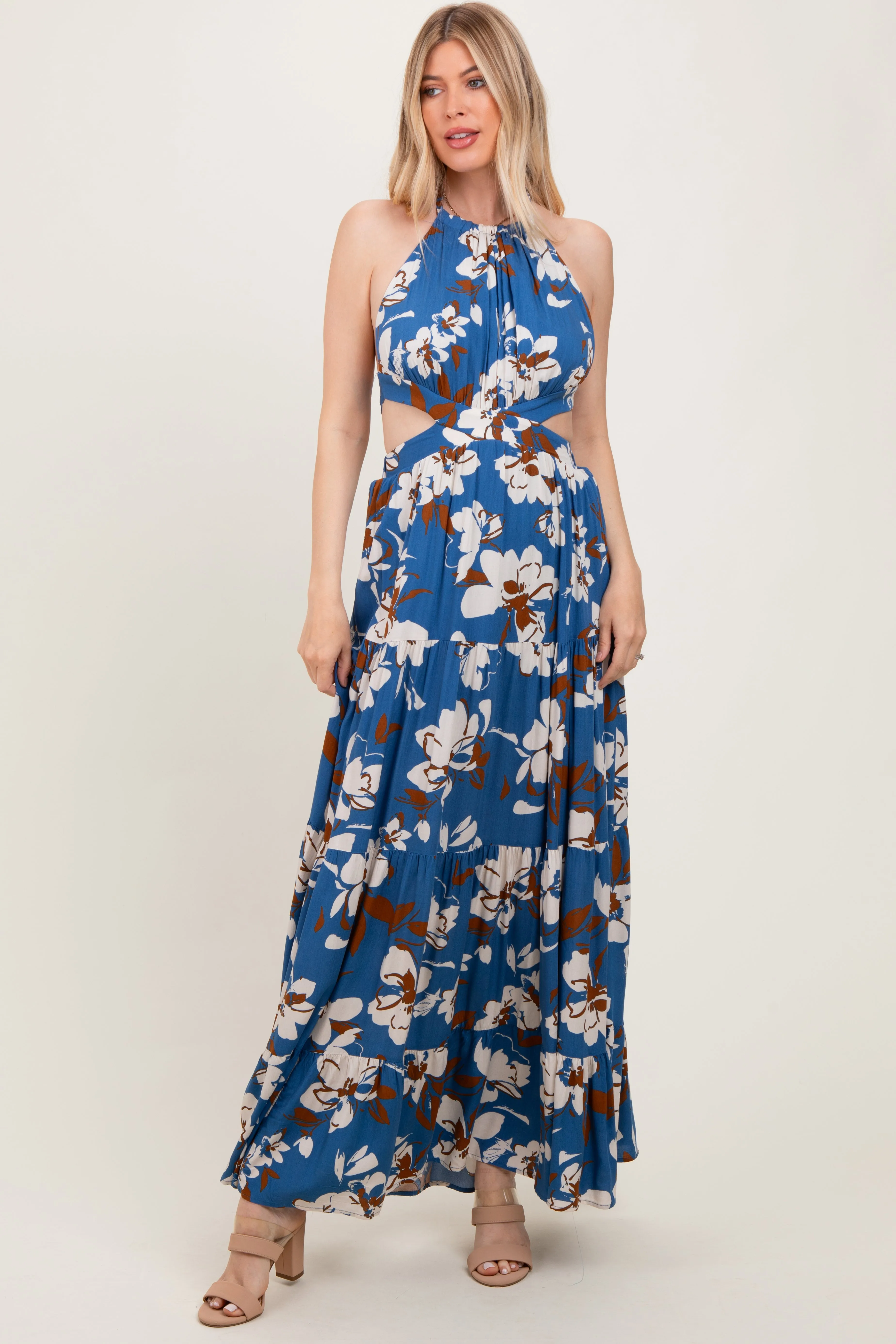 Blue Floral Halter Side Cutout Maxi Dress sold by Pinkblush product image thumbnail 2