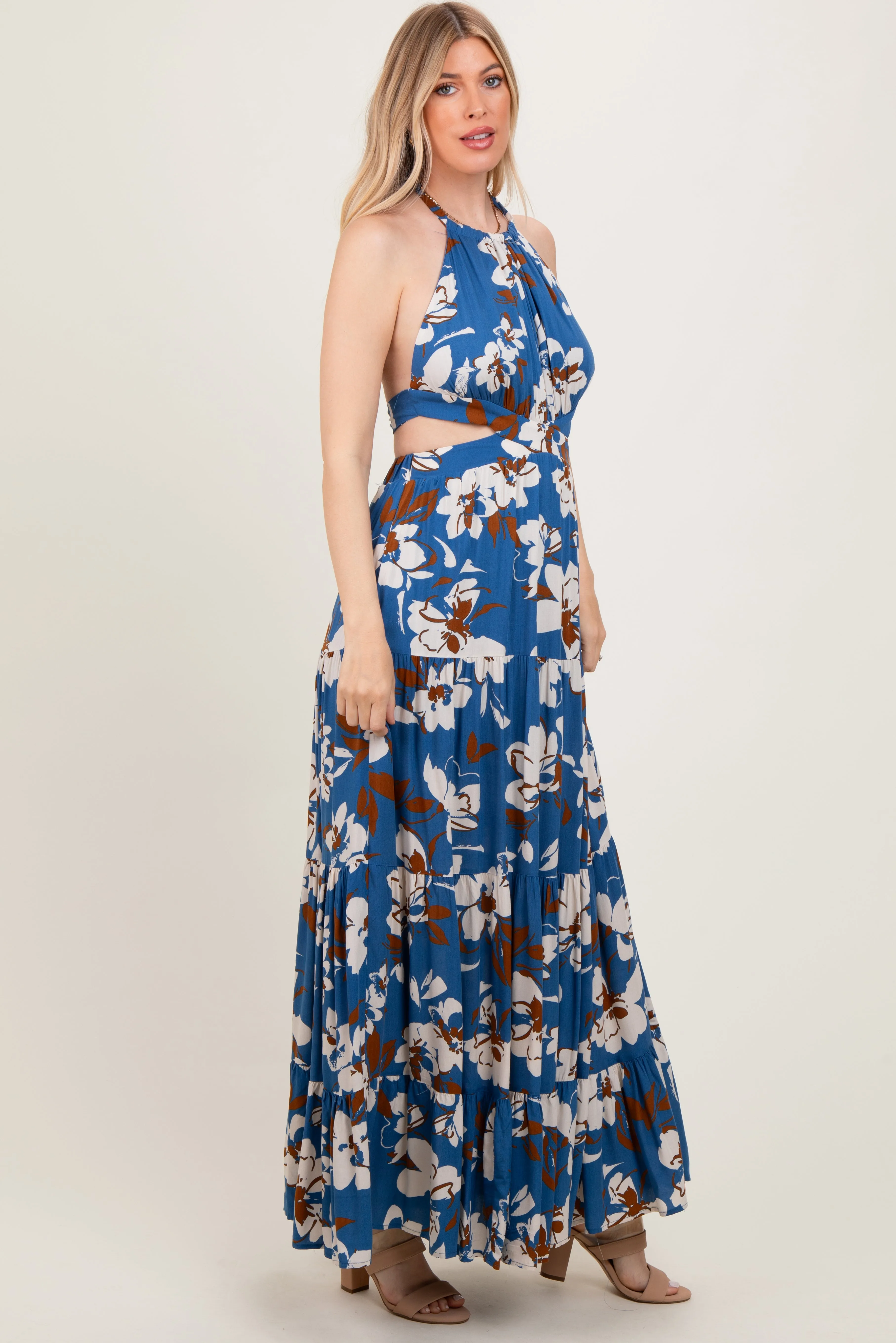 Blue Floral Halter Side Cutout Maxi Dress sold by Pinkblush product image thumbnail 3