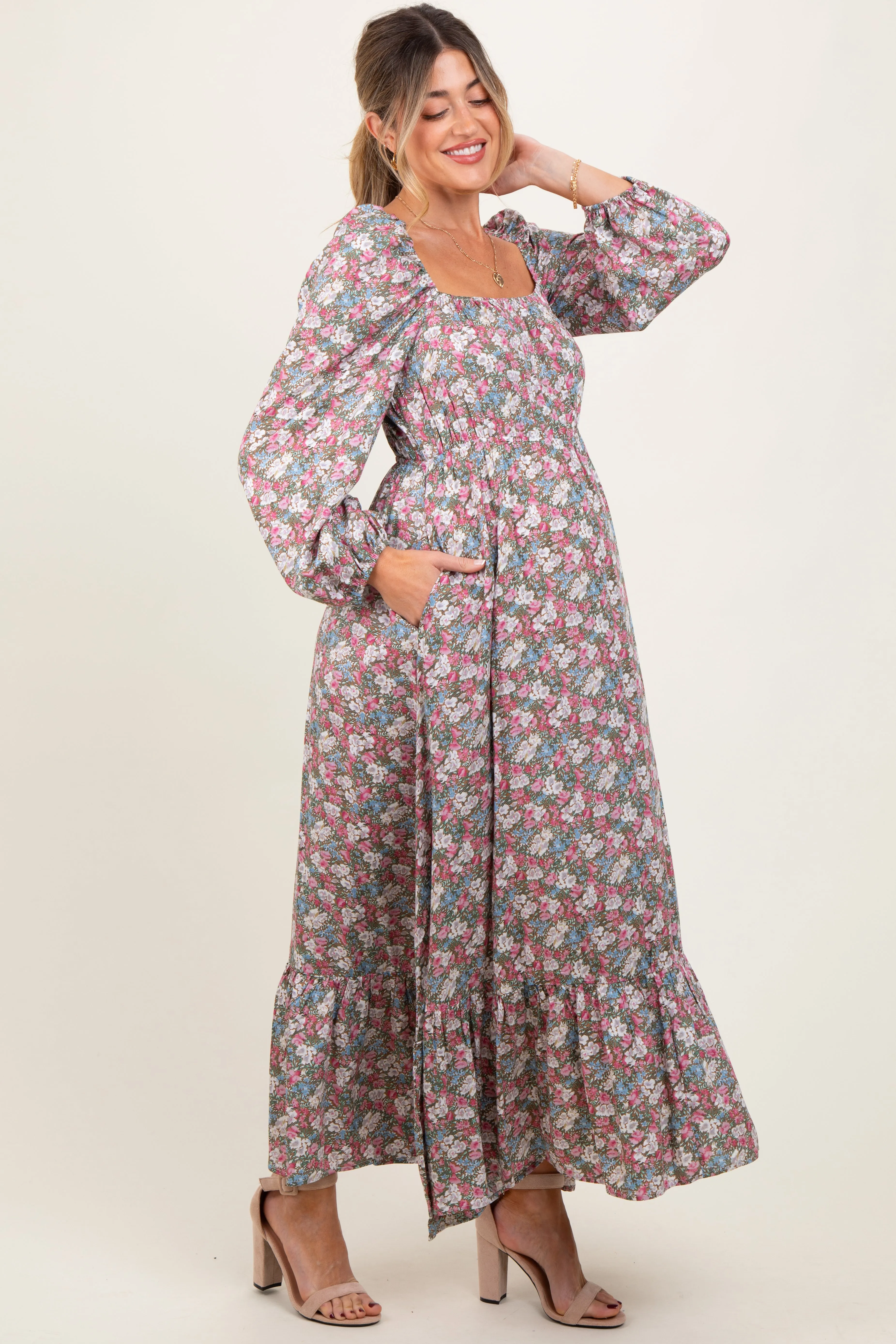 Pink Floral Reversible Long Sleeve Maternity Maxi Dress sold by Pinkblush product image thumbnail 3
