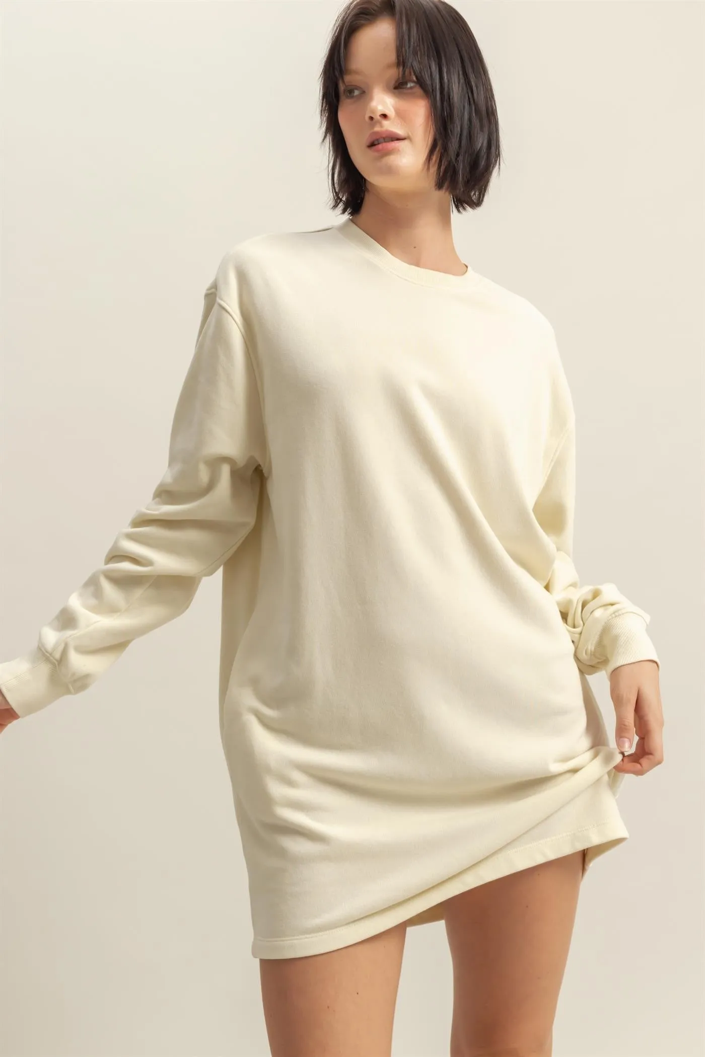 Cream Long Sleeve Oversized Sweatshirt Mini Dress sold by Pinkblush