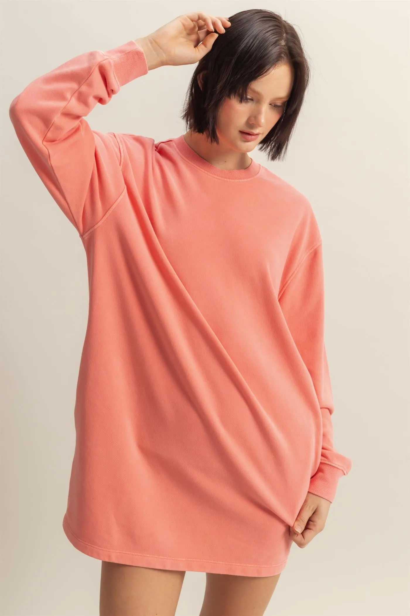 Coral Long Sleeve Oversized Sweatshirt Mini Dress sold by Pinkblush