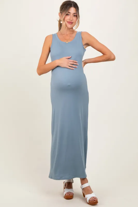 Light Blue Sleeveless Flared Scoop Neck Maternity Maxi Dress sold by Pinkblush