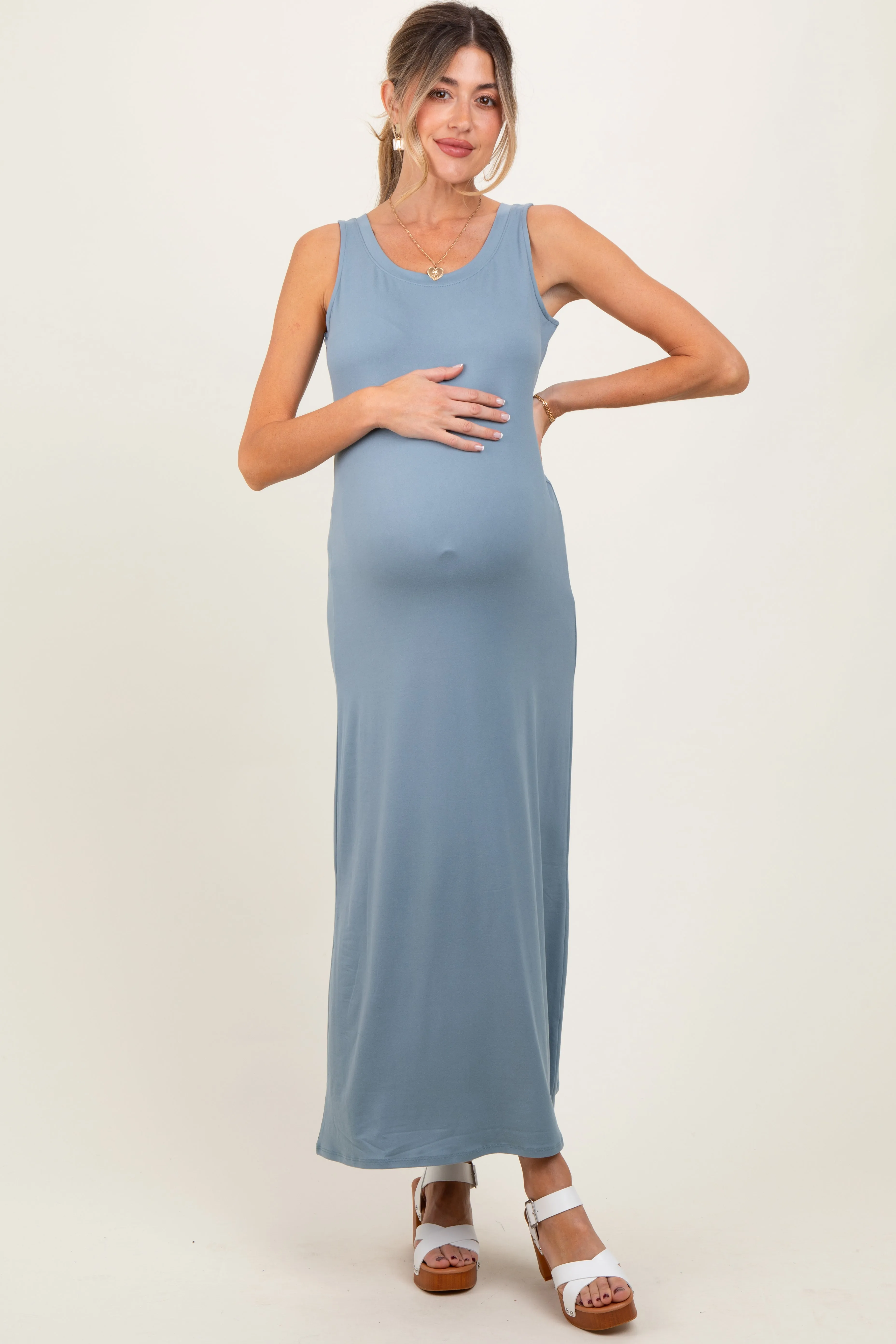Light Blue Sleeveless Flared Scoop Neck Maternity Maxi Dress sold by Pinkblush