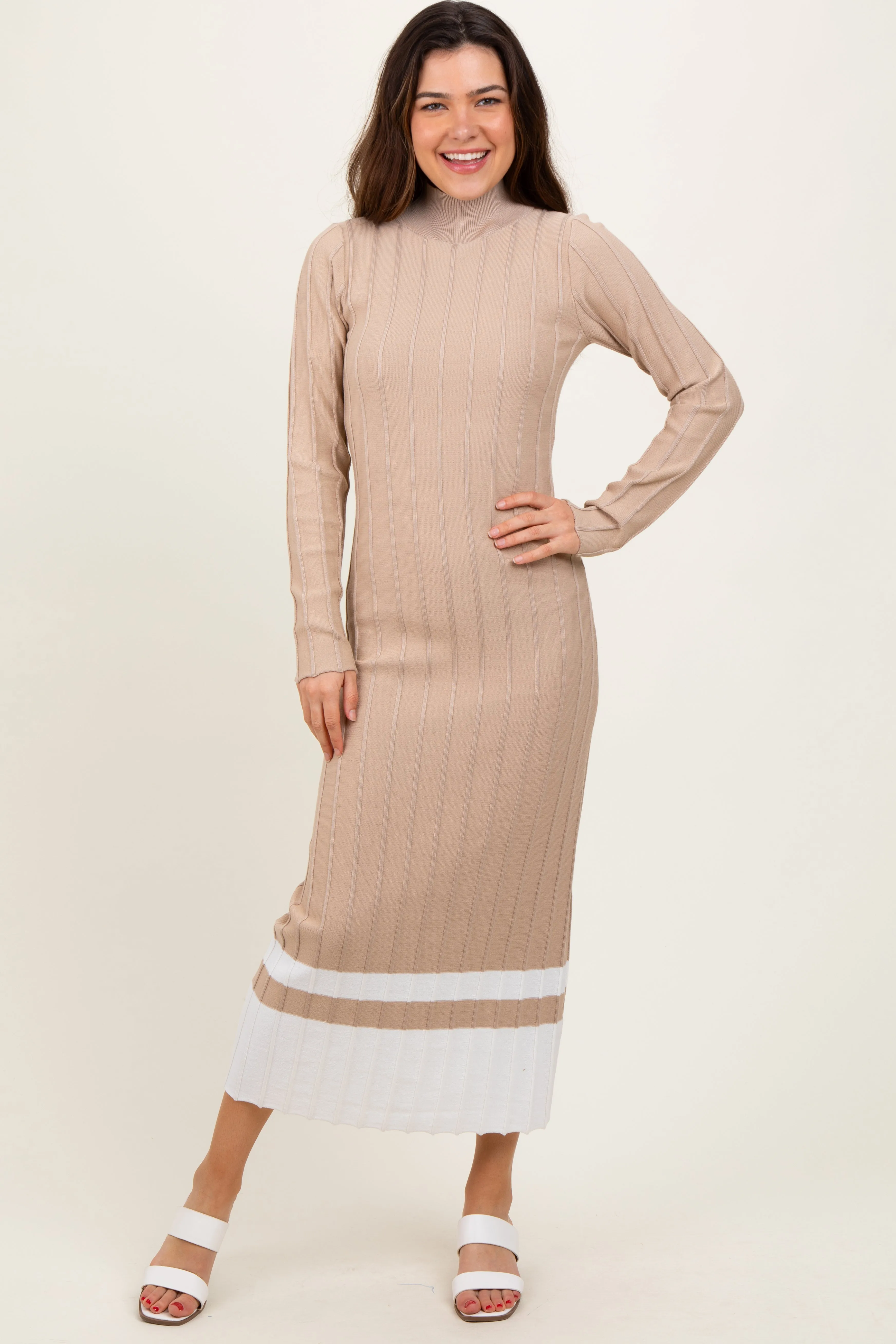 Beige Colorblock Hem Mock Neck Sweater Dress sold by Pinkblush