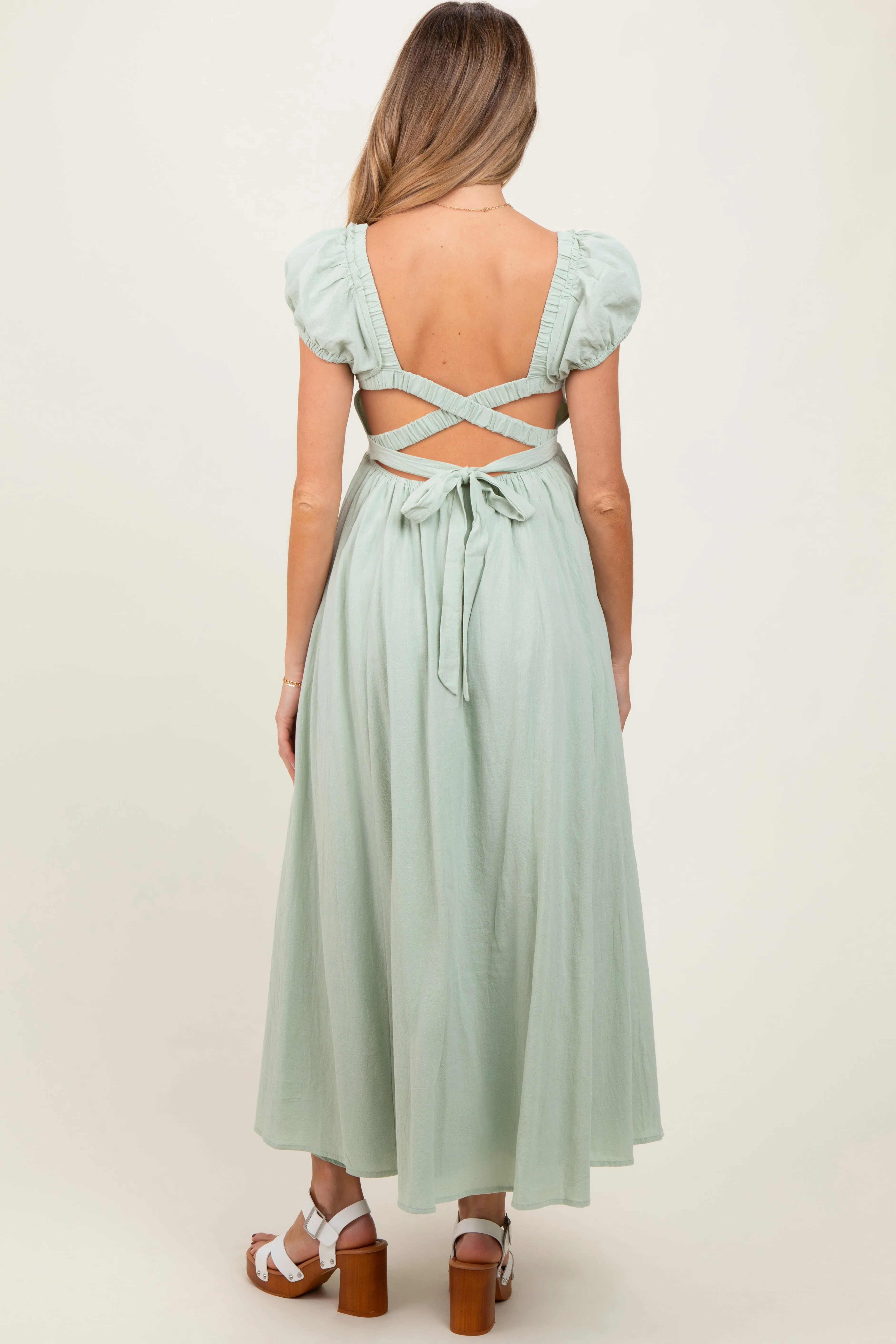 Mint Square Neck Smocked Top Criss Cross Back Tie Maternity Maxi Dress sold by Pinkblush product image thumbnail 4