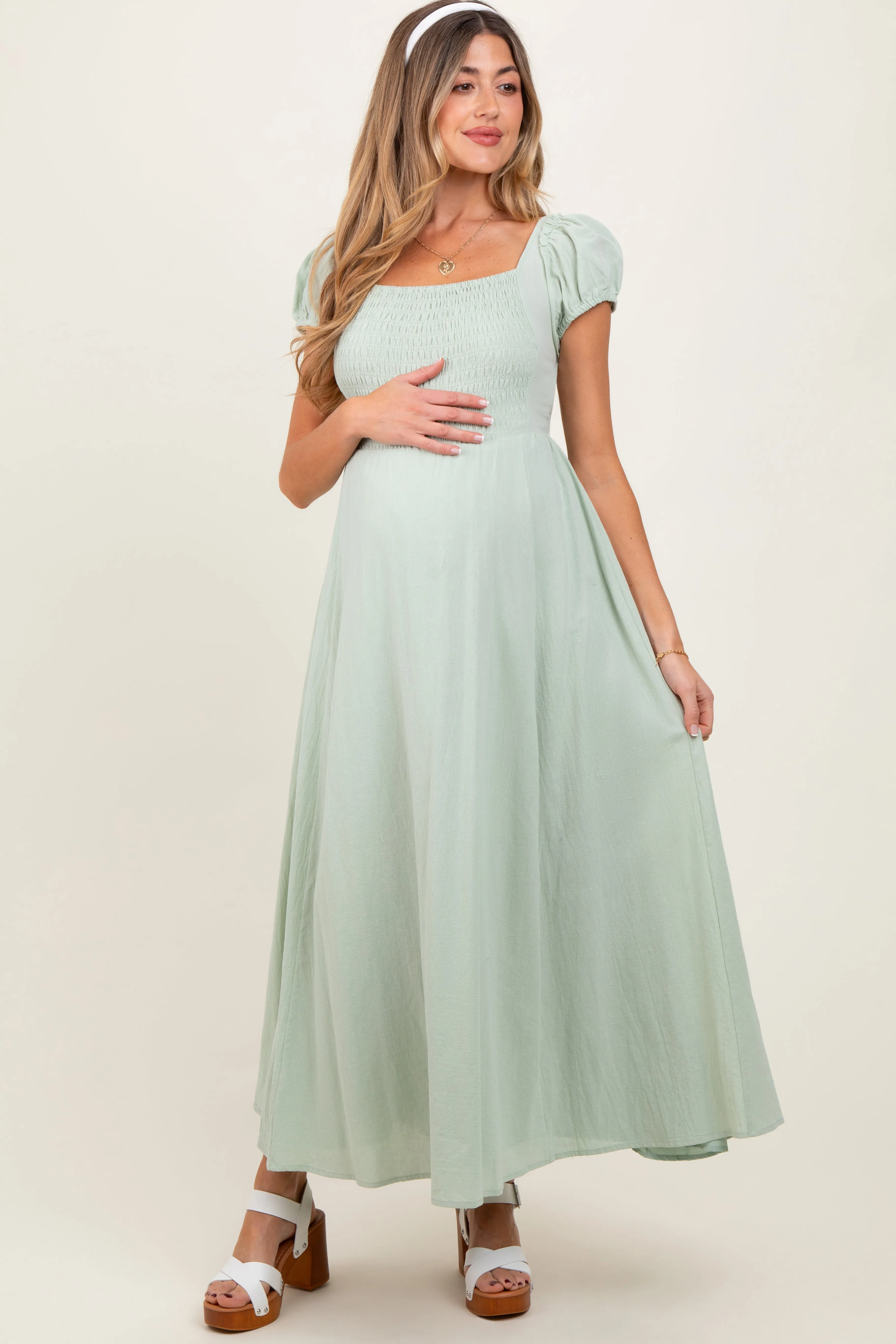Mint Square Neck Smocked Top Criss Cross Back Tie Maternity Maxi Dress sold by Pinkblush