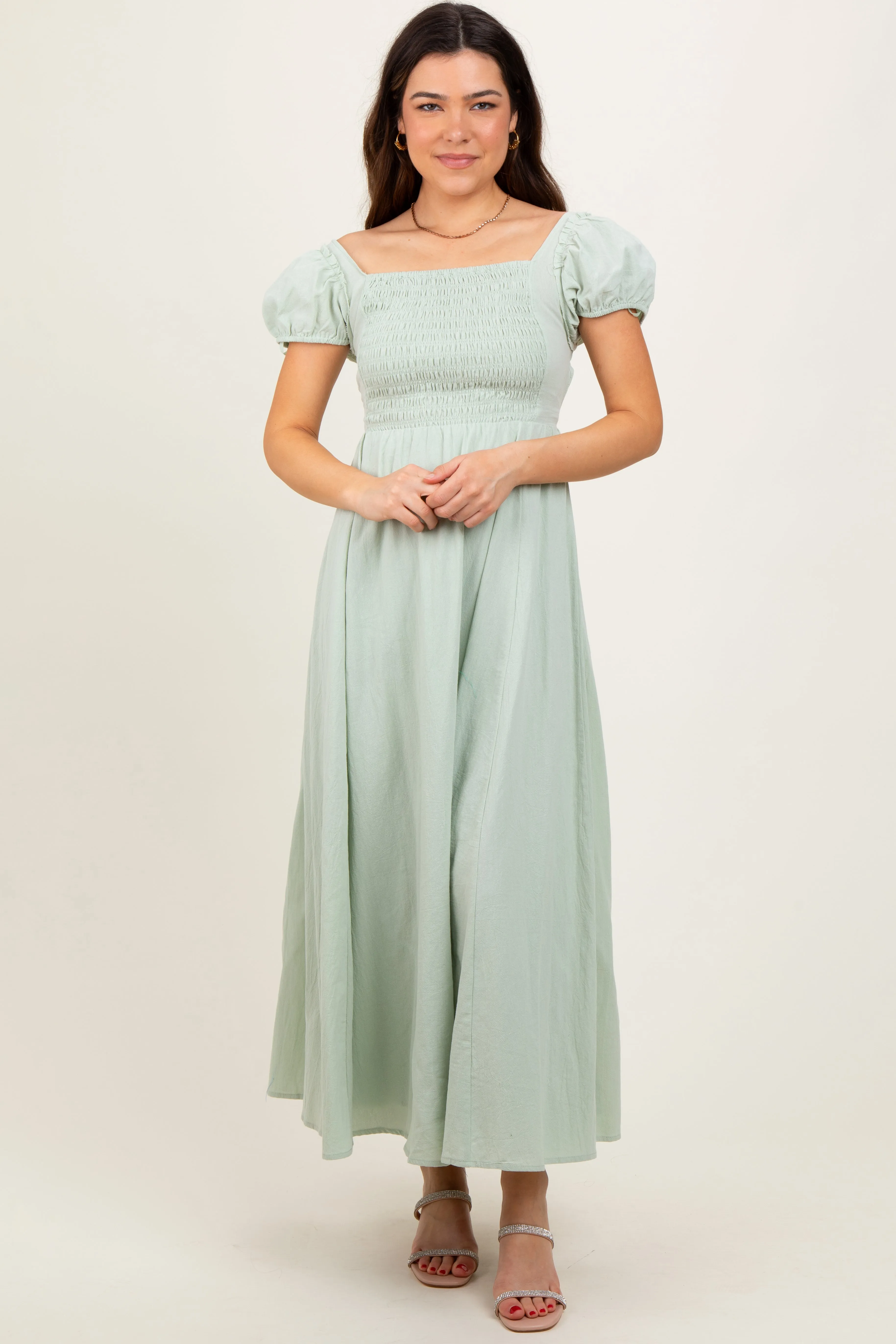 Mint Square Neck Smocked Top Criss Cross Back Tie Maternity Maxi Dress sold by Pinkblush product image thumbnail 5