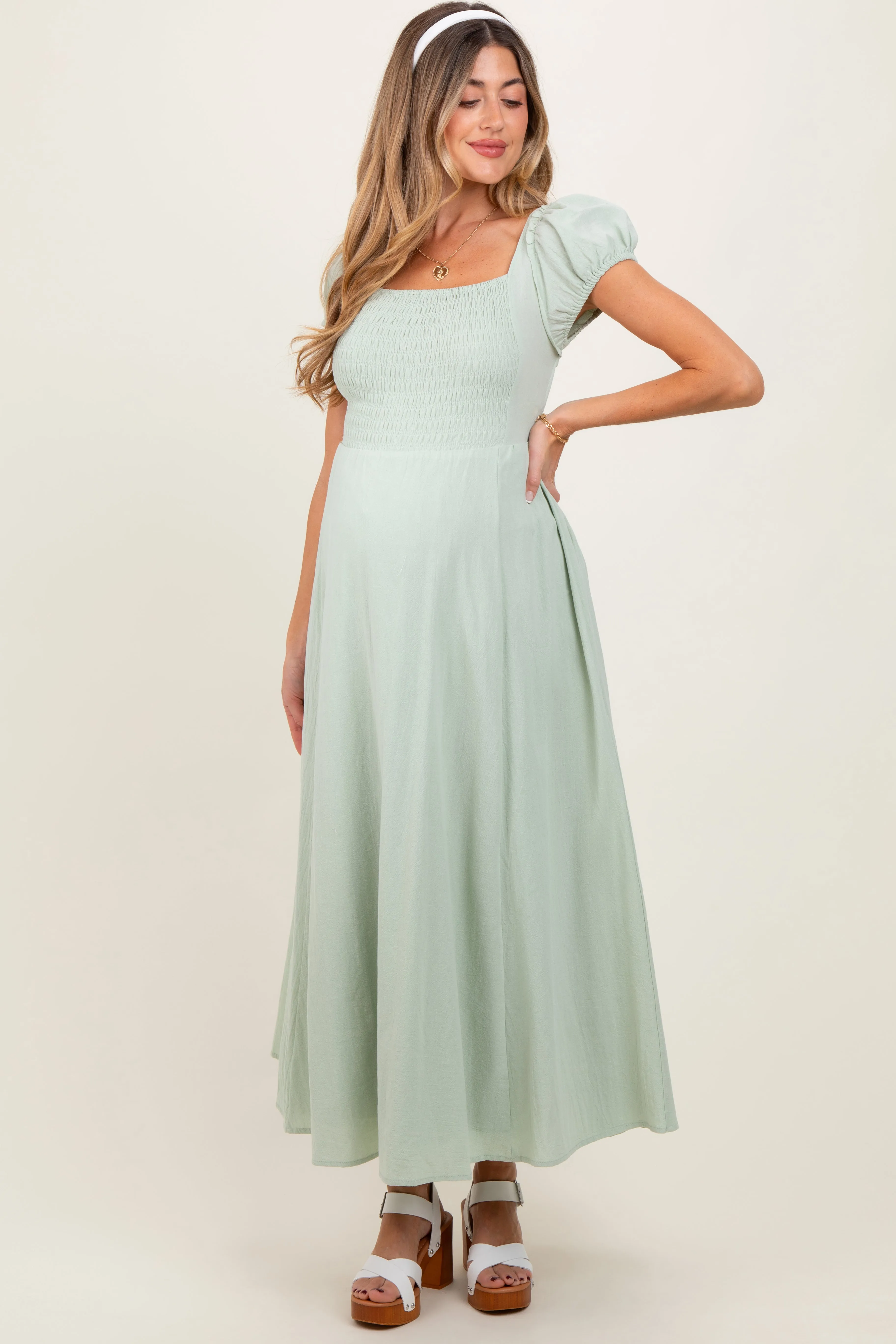 Mint Square Neck Smocked Top Criss Cross Back Tie Maternity Maxi Dress sold by Pinkblush product image thumbnail 2