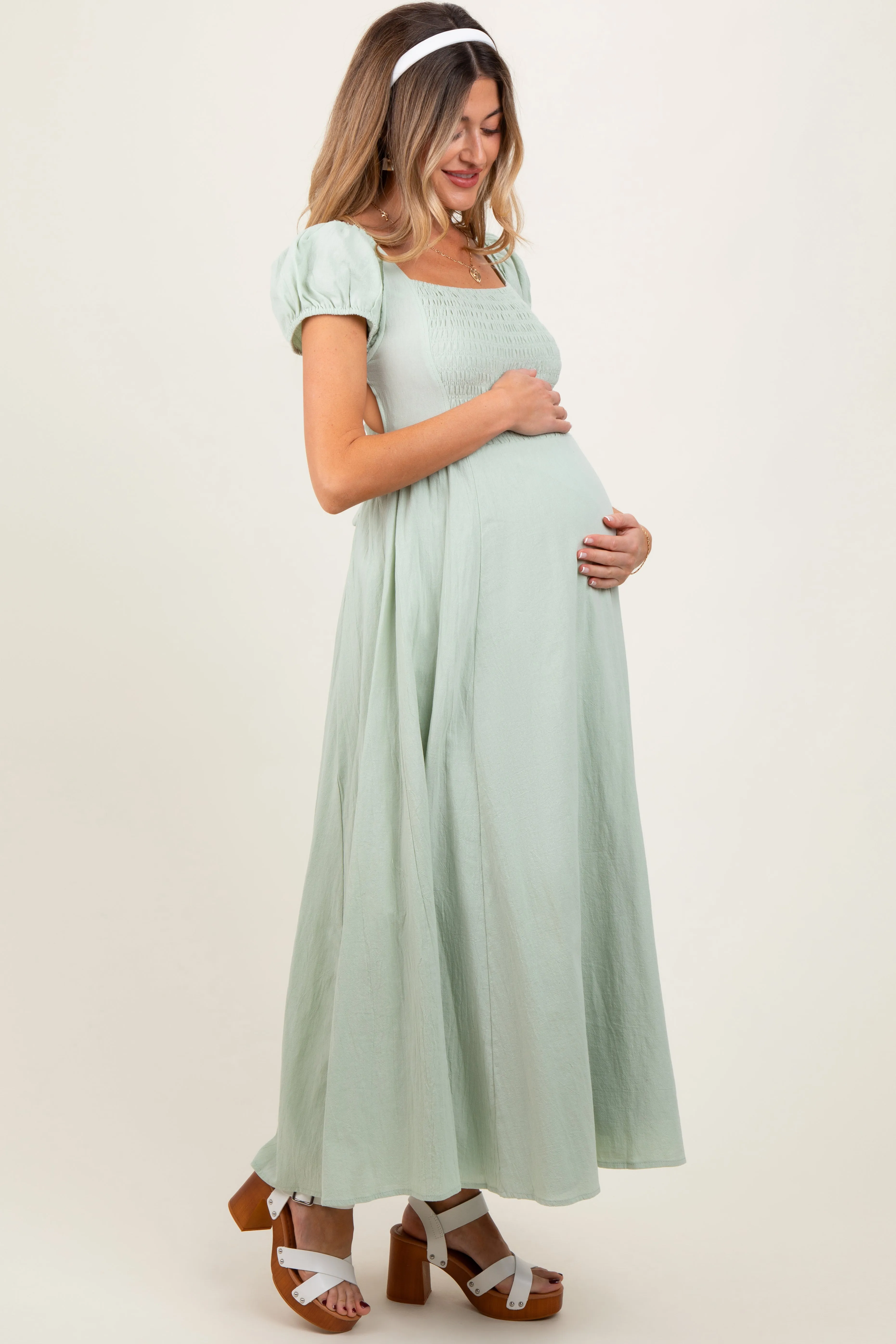 Mint Square Neck Smocked Top Criss Cross Back Tie Maternity Maxi Dress sold by Pinkblush product image thumbnail 3