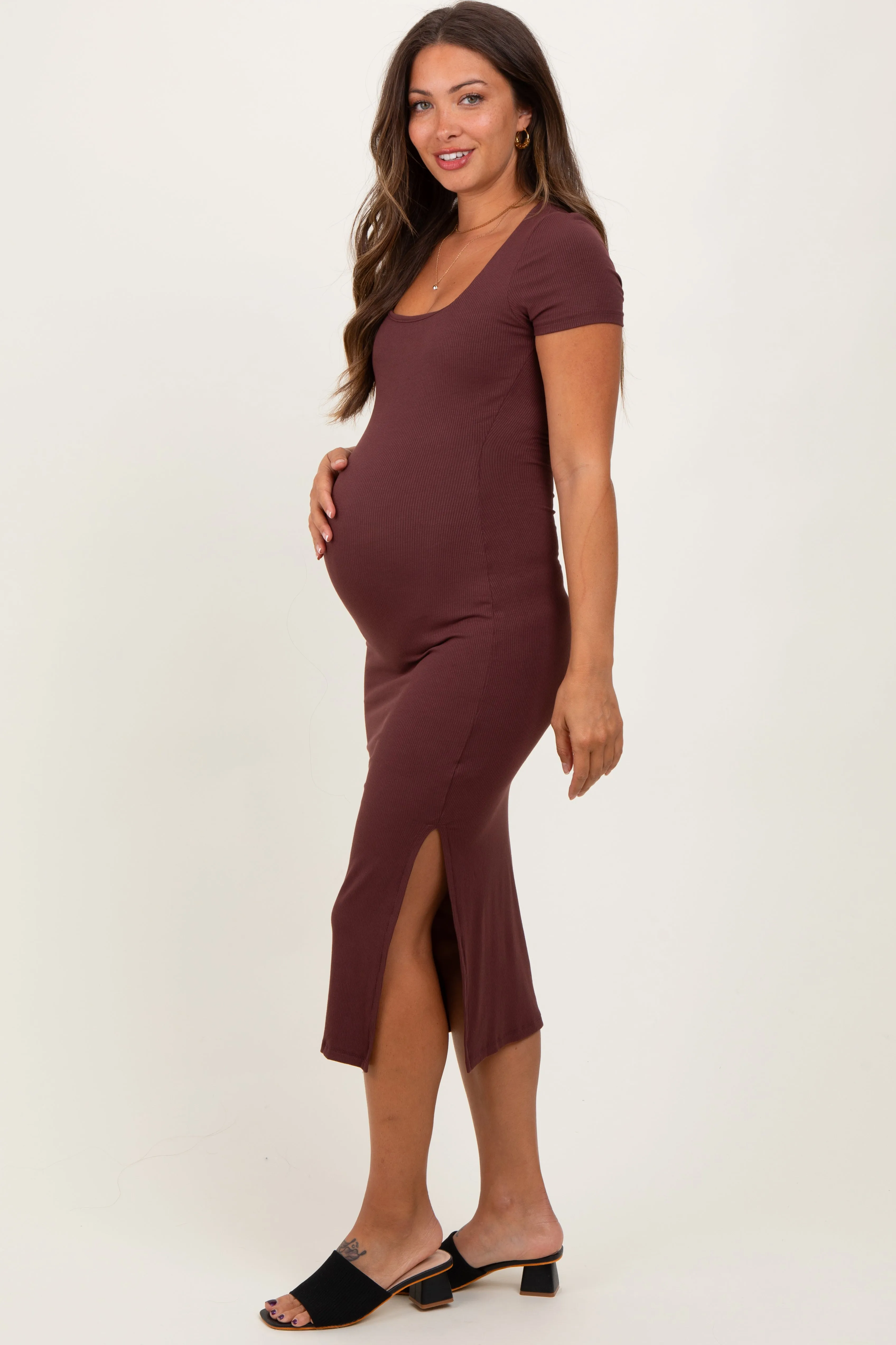 Brown Ribbed Short Sleeve Side Slit Maternity Midi Dress sold by Pinkblush product image thumbnail 3