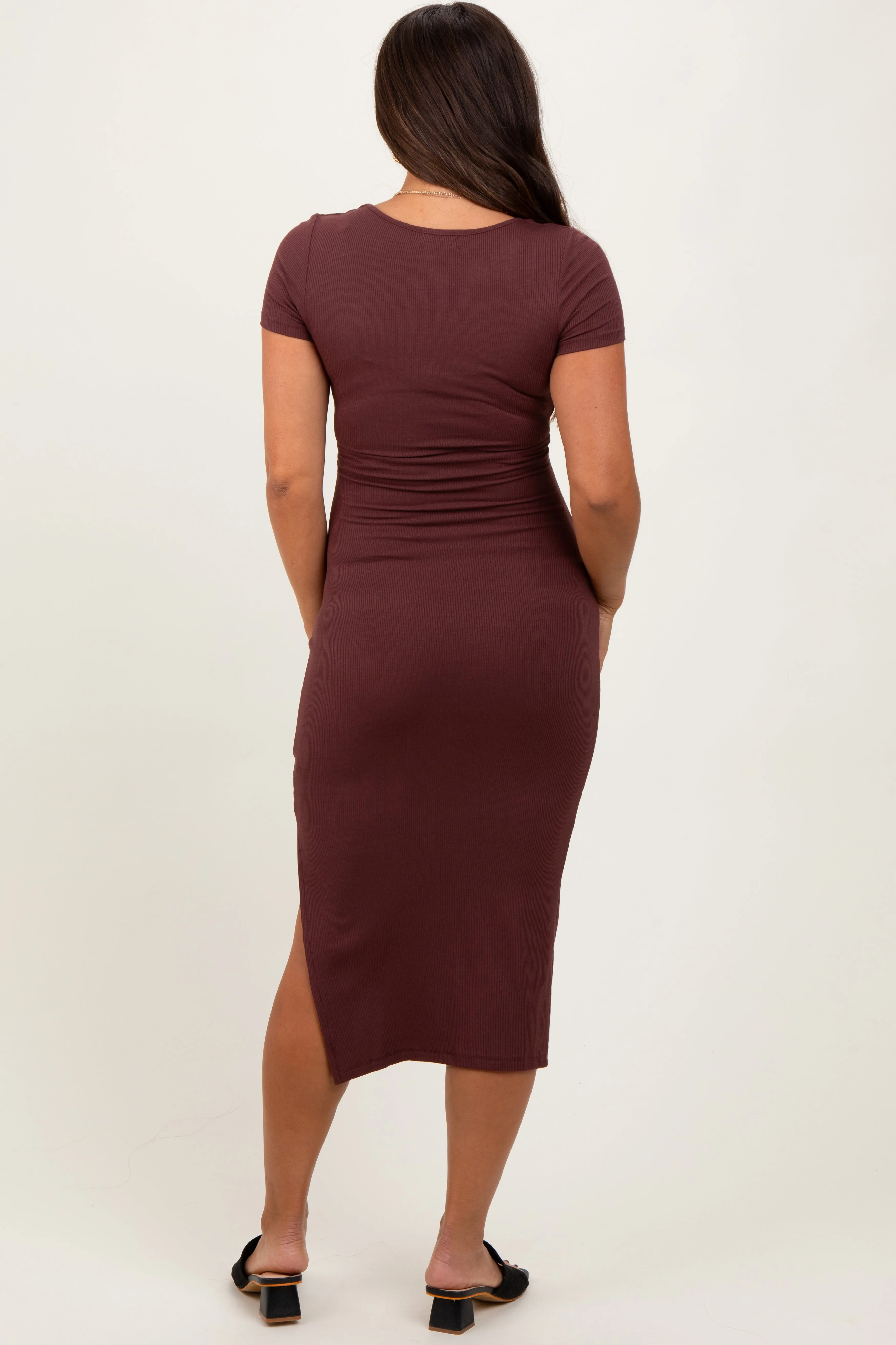 Brown Ribbed Short Sleeve Side Slit Maternity Midi Dress sold by Pinkblush product image thumbnail 4