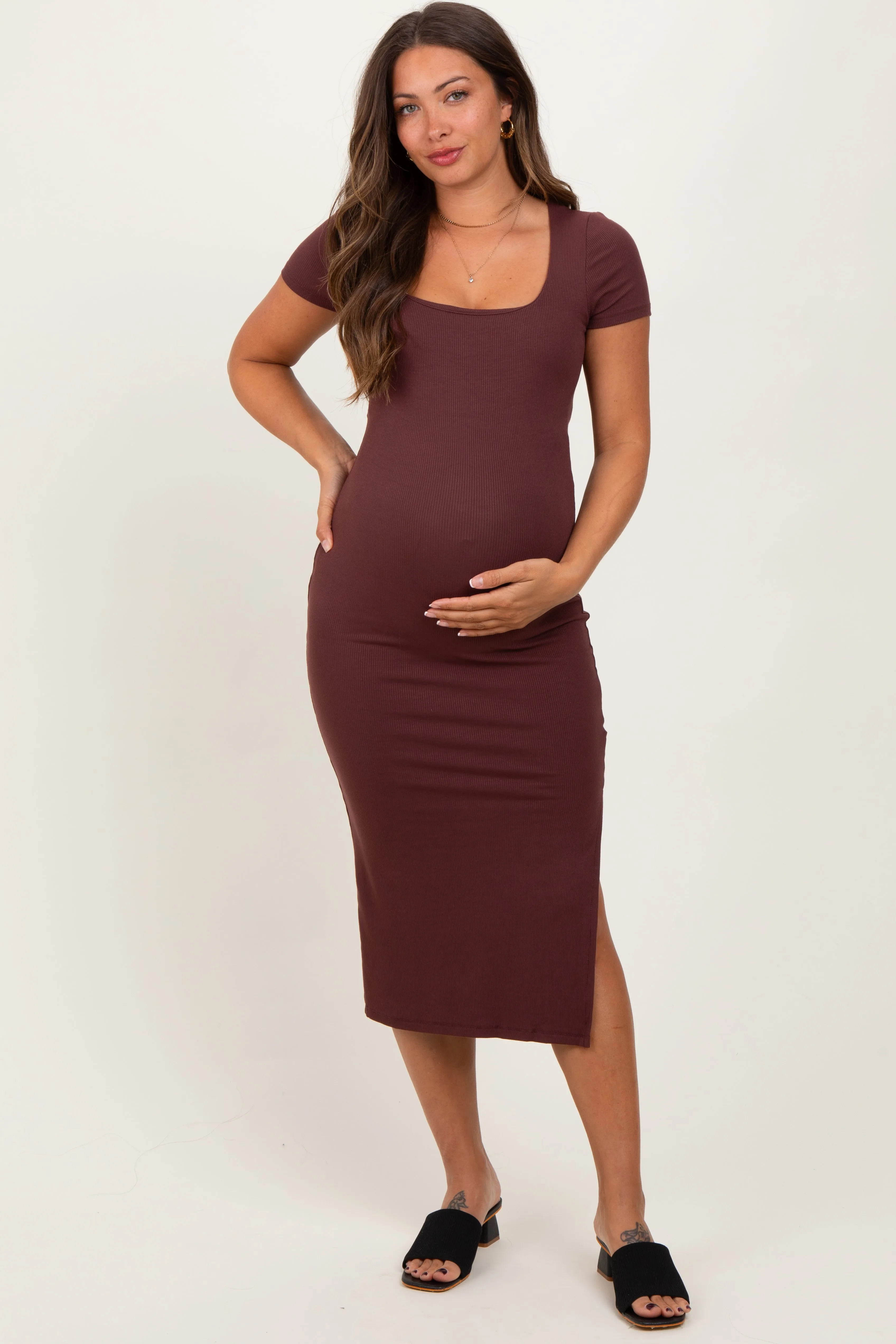 Brown Ribbed Short Sleeve Side Slit Maternity Midi Dress sold by Pinkblush