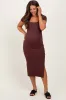 Brown Ribbed Short Sleeve Side Slit Maternity Midi Dress sold by Pinkblush