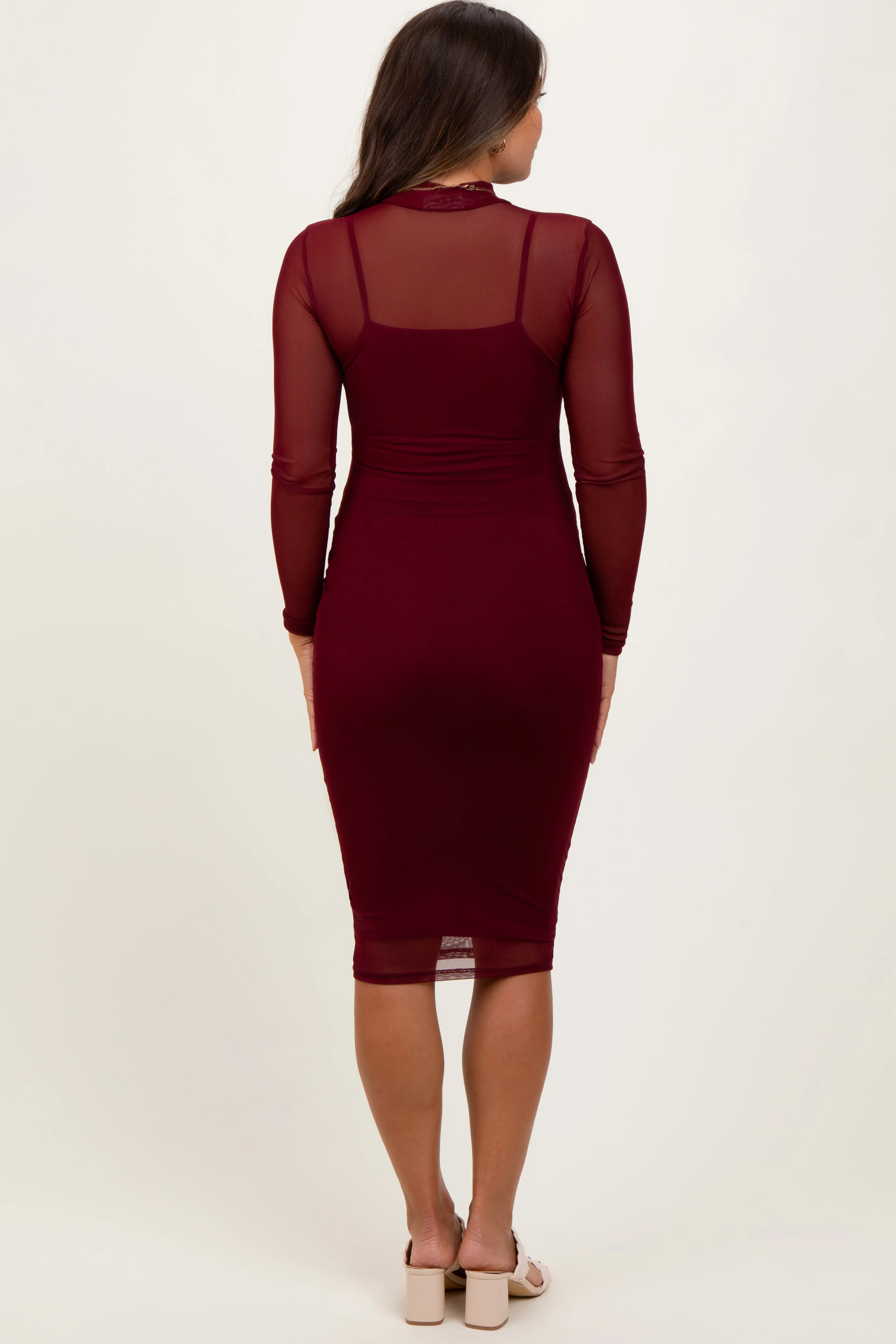 Burgundy Mesh Overlay Long Sleeve Maternity Midi Dress sold by Pinkblush product image thumbnail 4