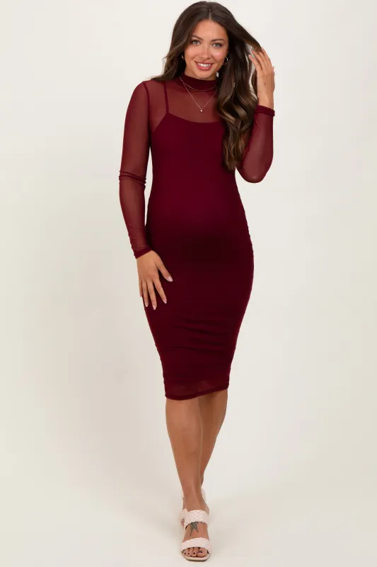 Burgundy Mesh Overlay Long Sleeve Maternity Midi Dress sold by Pinkblush