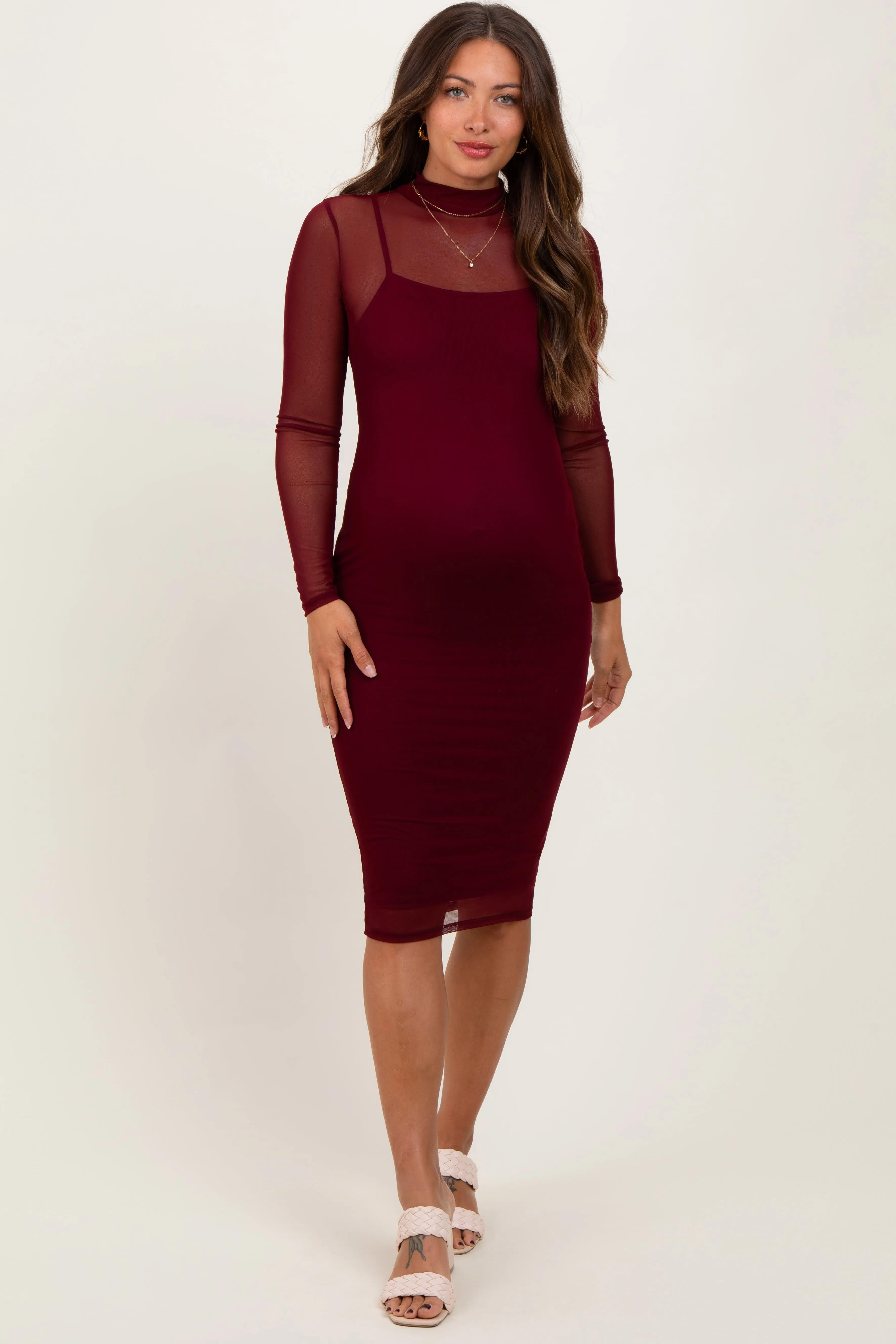 Burgundy Mesh Overlay Long Sleeve Maternity Midi Dress sold by Pinkblush product image thumbnail 2