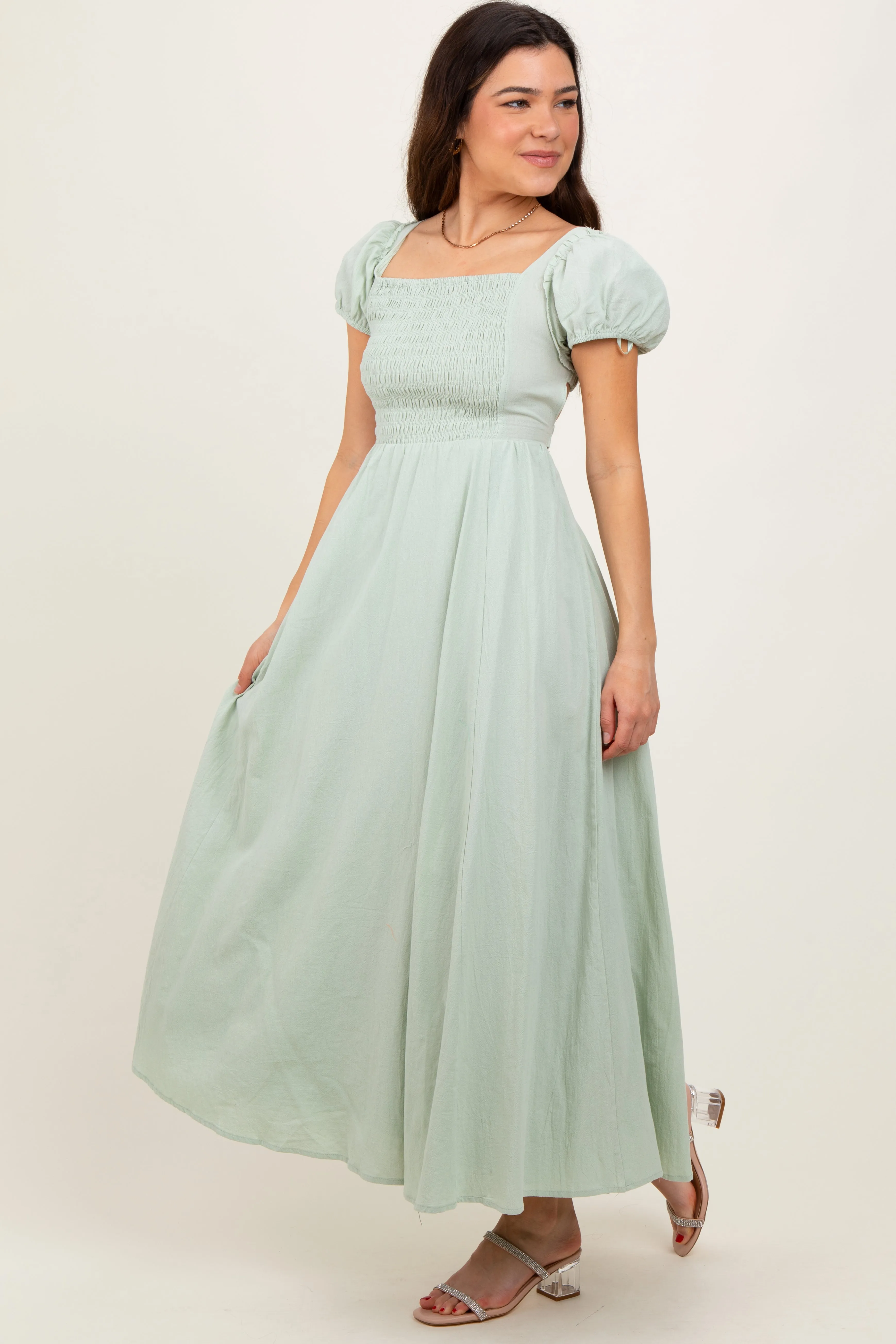 Mint Square Neck Smocked Top Criss Cross Back Tie Maxi Dress sold by Pinkblush product image thumbnail 3