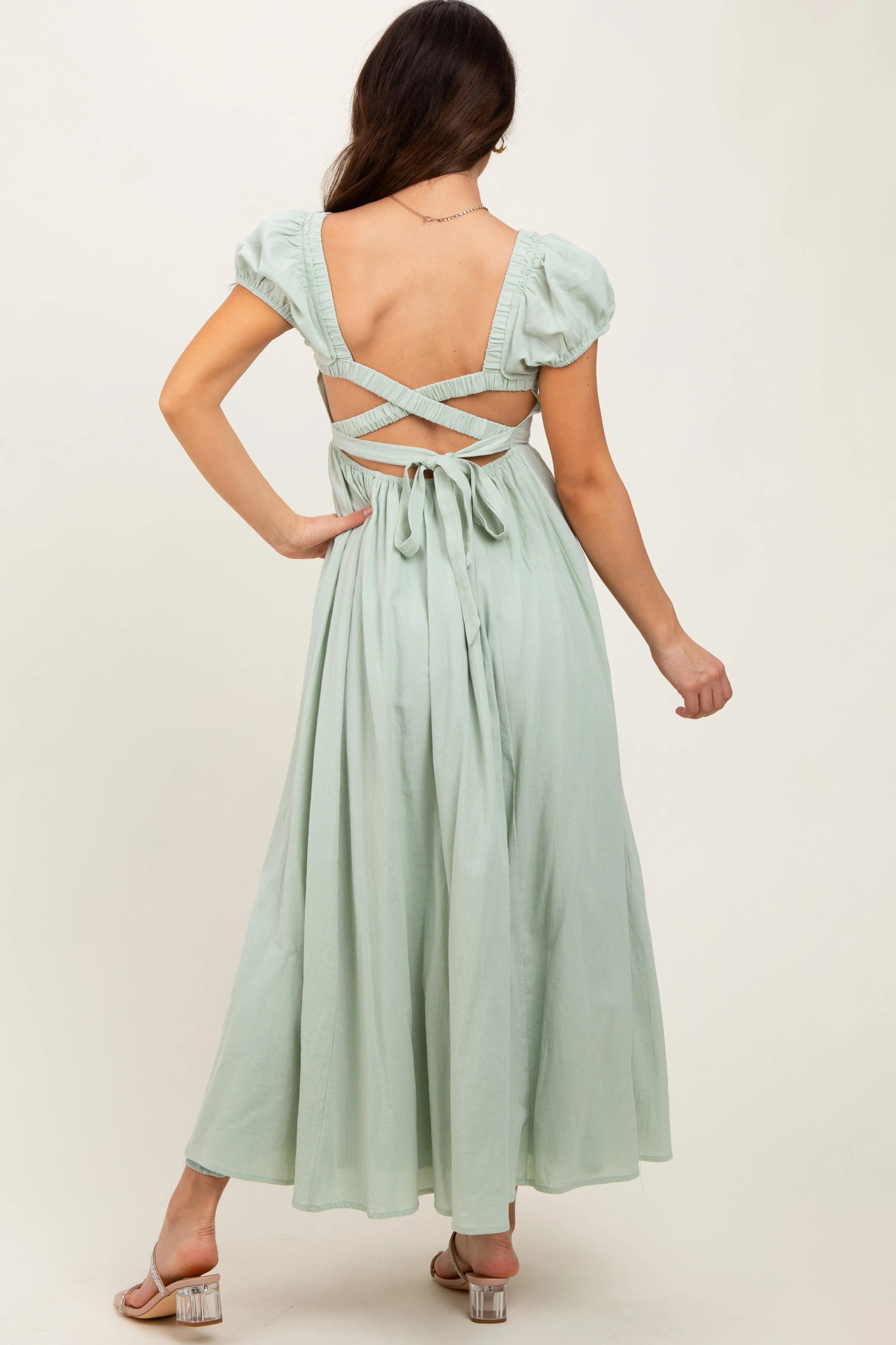 Mint Square Neck Smocked Top Criss Cross Back Tie Maxi Dress sold by Pinkblush product image thumbnail 4