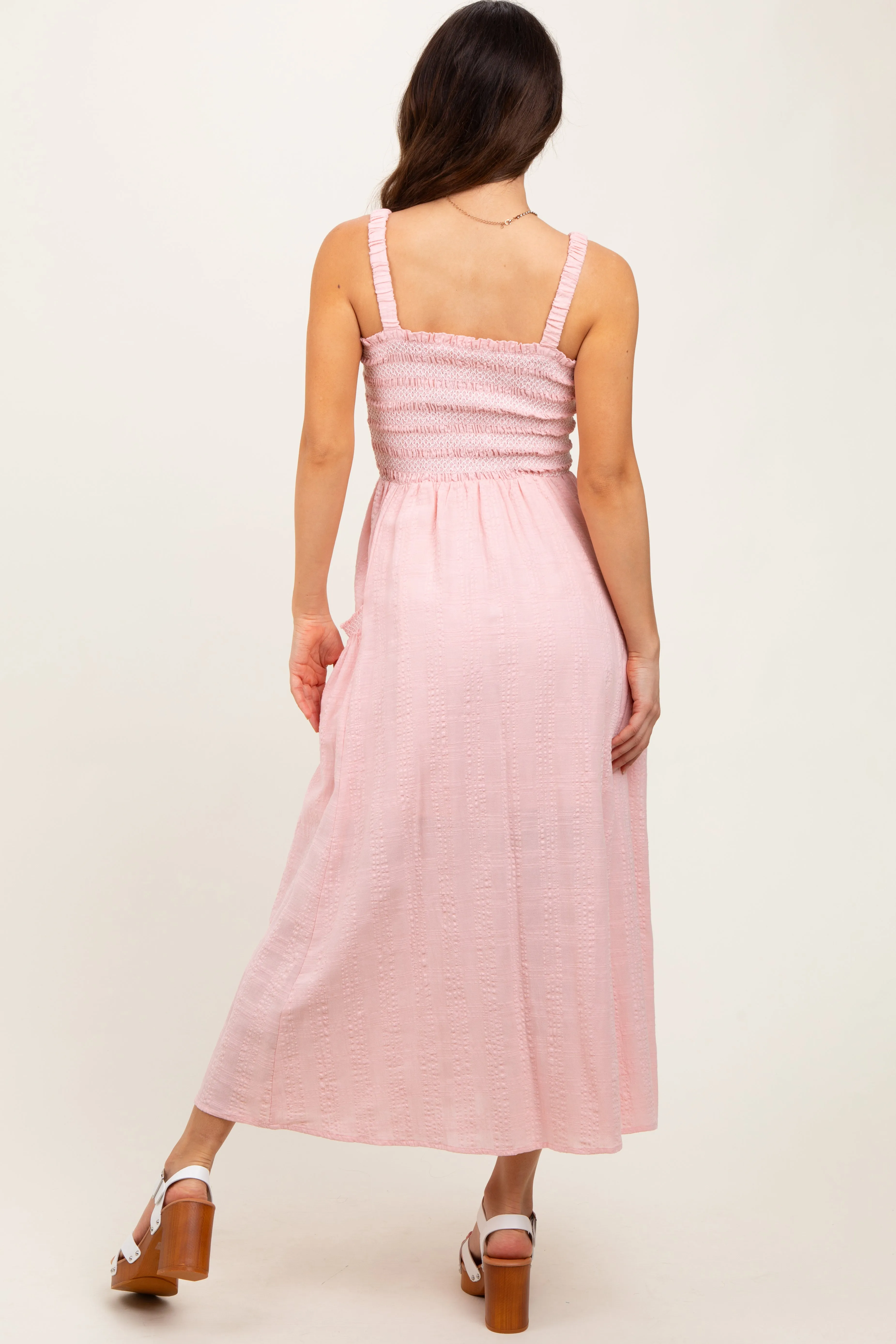 Light Pink Smocked Embroidered Bust Textured Midi Dress sold by Pinkblush product image thumbnail 4