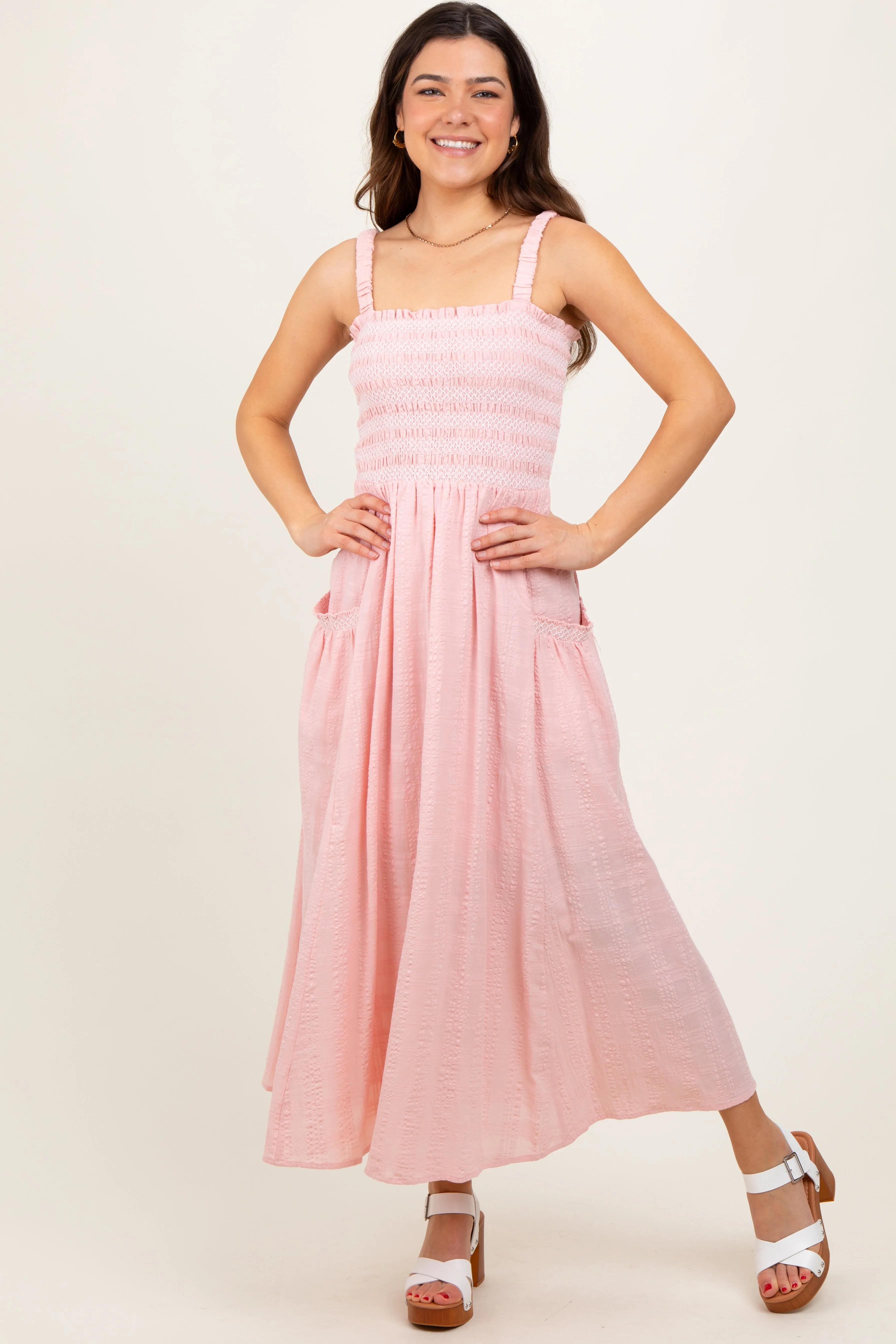 Light Pink Smocked Embroidered Bust Textured Midi Dress sold by Pinkblush product image thumbnail 2