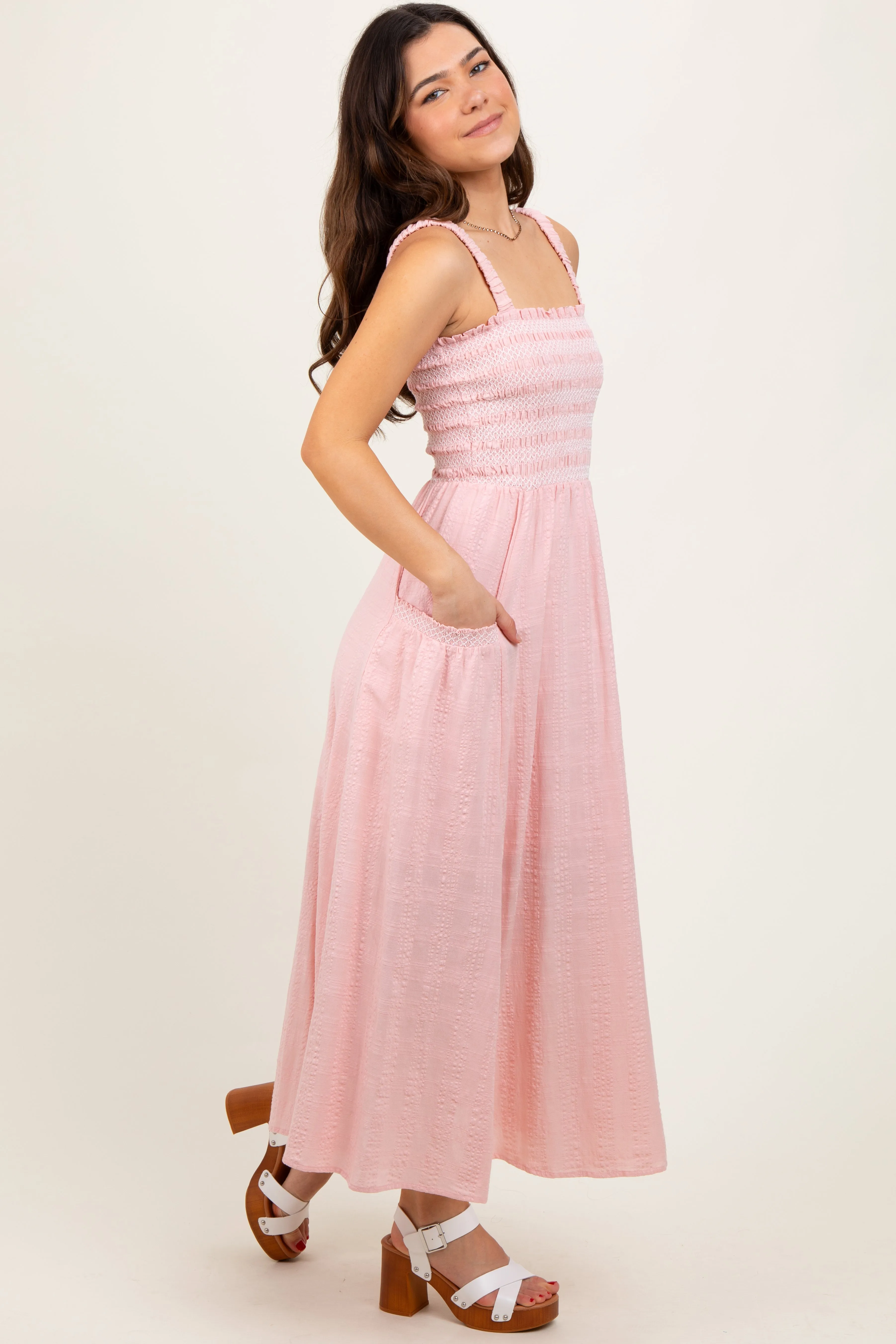 Light Pink Smocked Embroidered Bust Textured Midi Dress sold by Pinkblush product image thumbnail 3