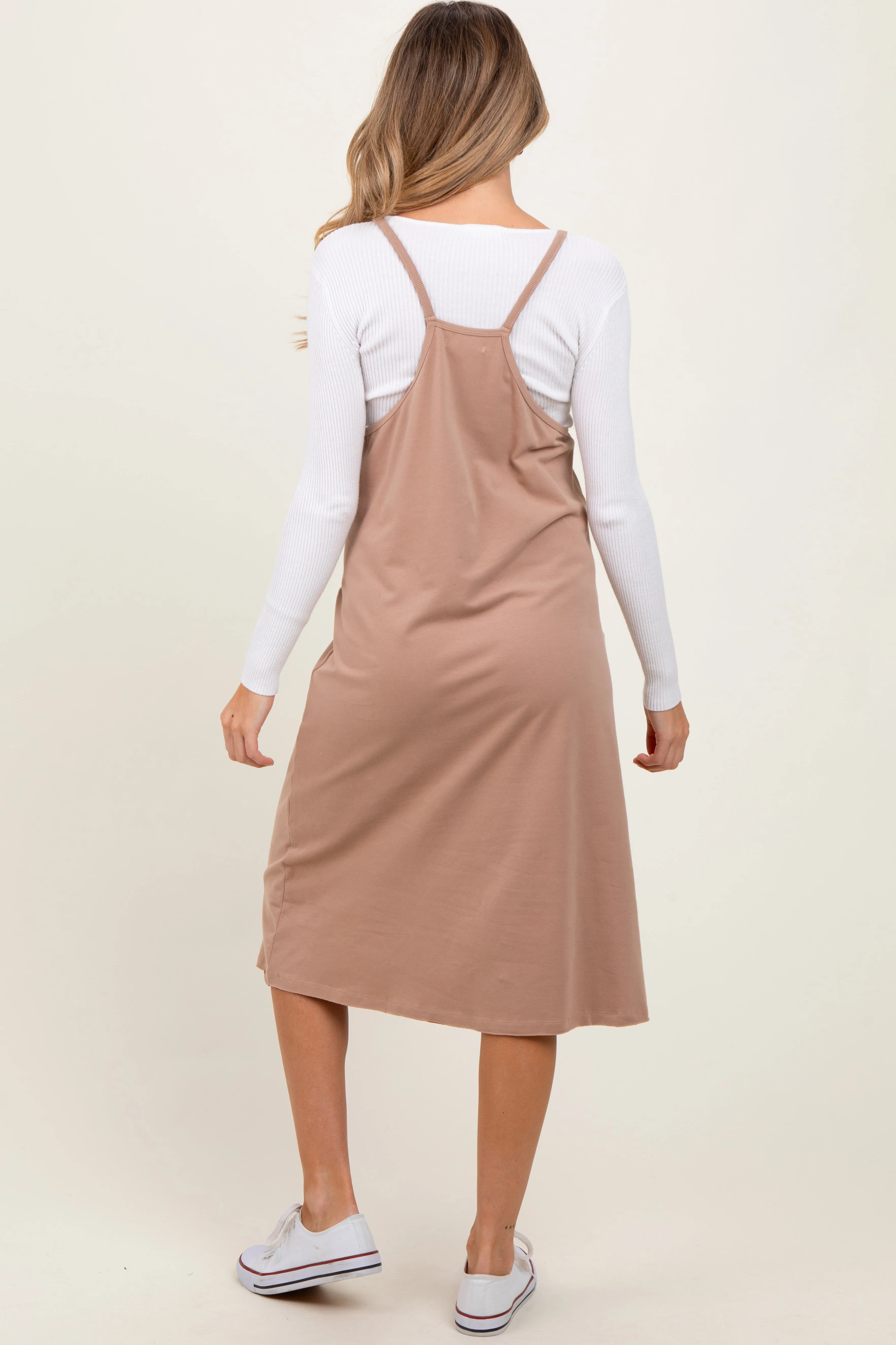 Taupe Knit V-Neck Cami Maternity Midi Dress sold by Pinkblush product image thumbnail 3
