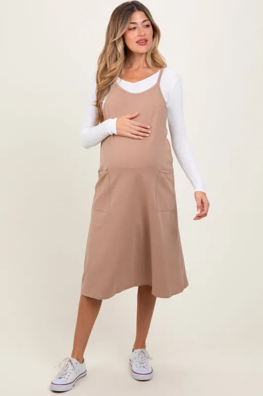 Taupe Knit V-Neck Cami Maternity Midi Dress sold by Pinkblush