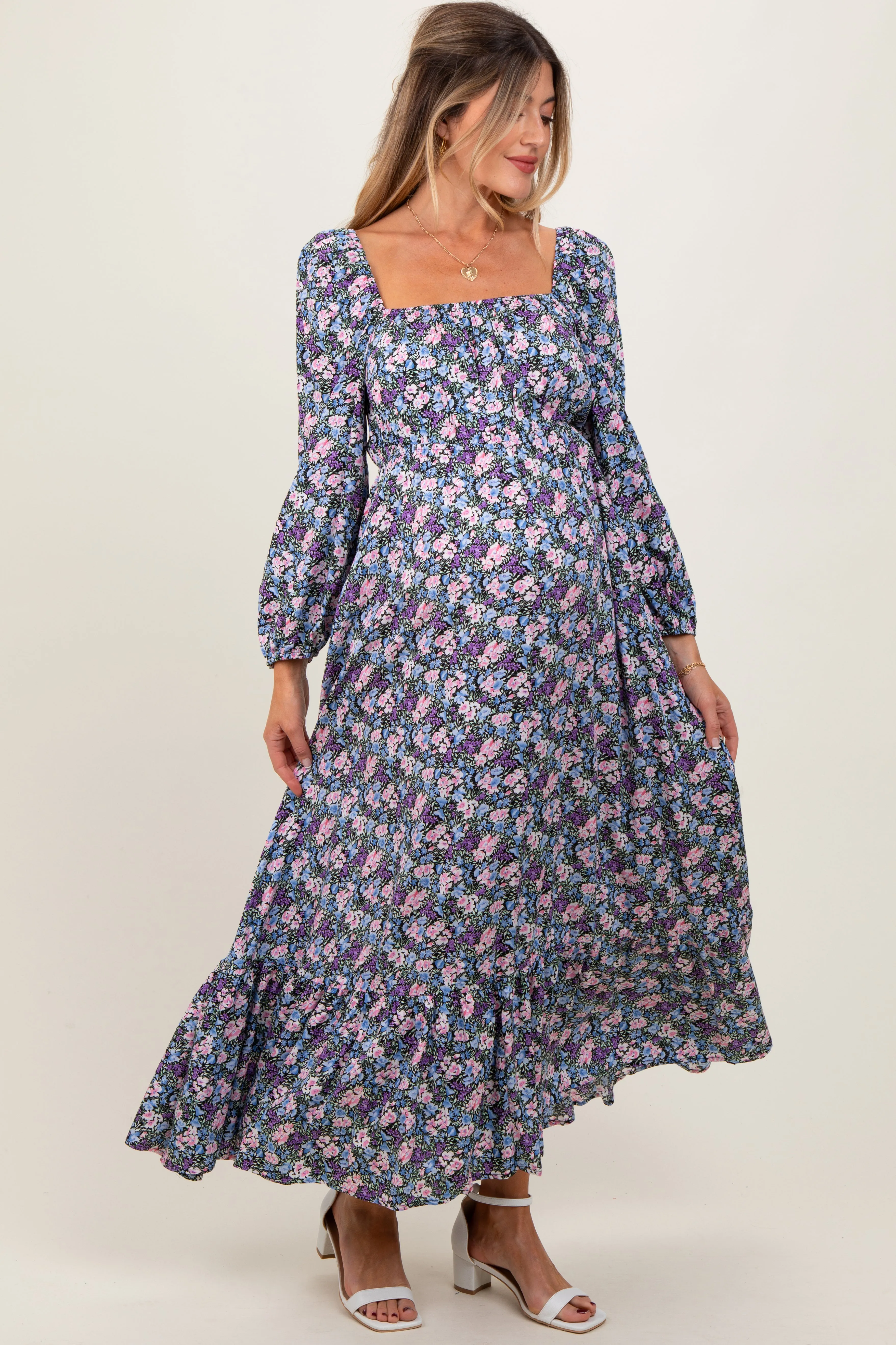 Blue Floral Reversible Long Sleeve Maternity Maxi Dress sold by Pinkblush product image thumbnail 2