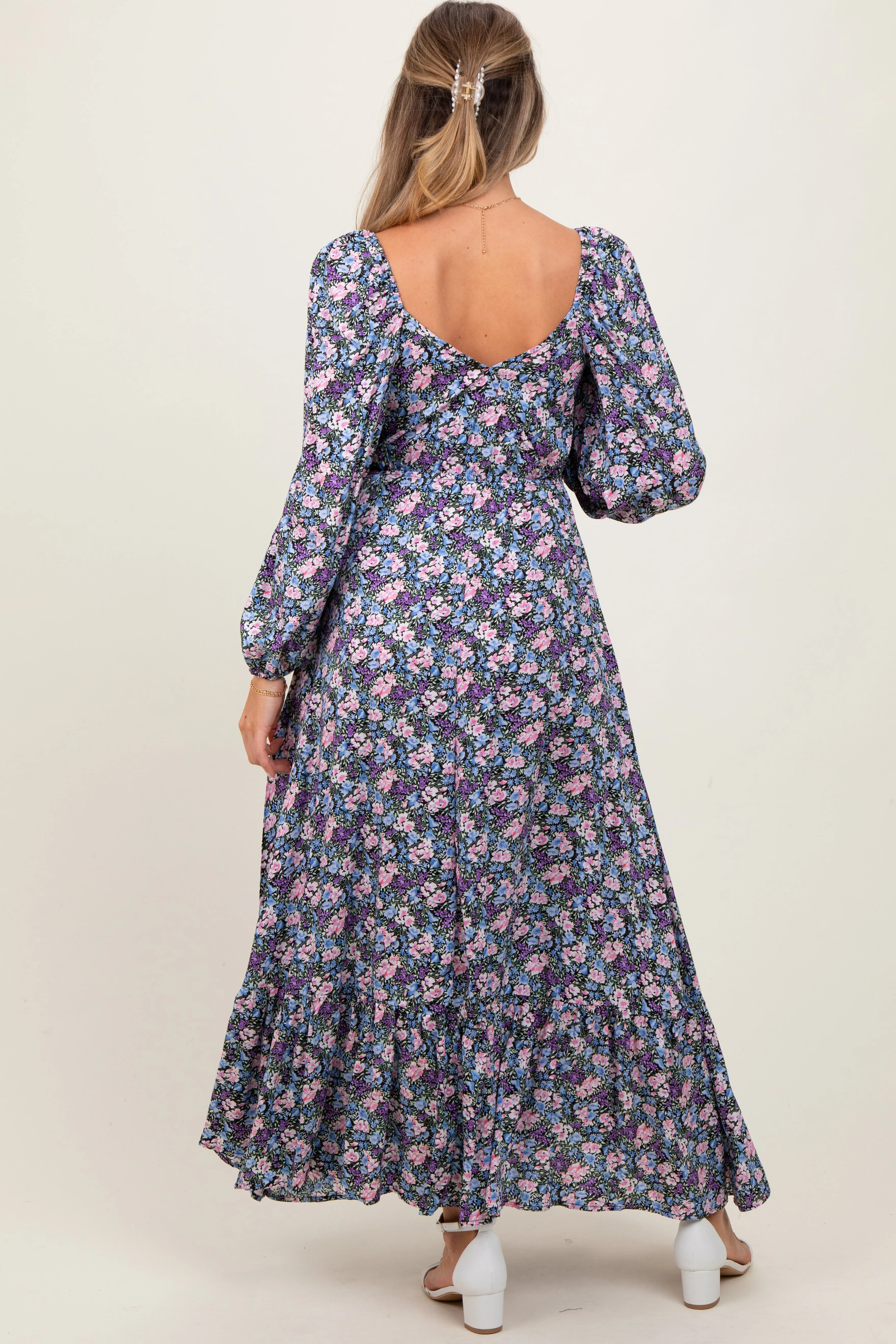 Blue Floral Reversible Long Sleeve Maternity Maxi Dress sold by Pinkblush product image thumbnail 3