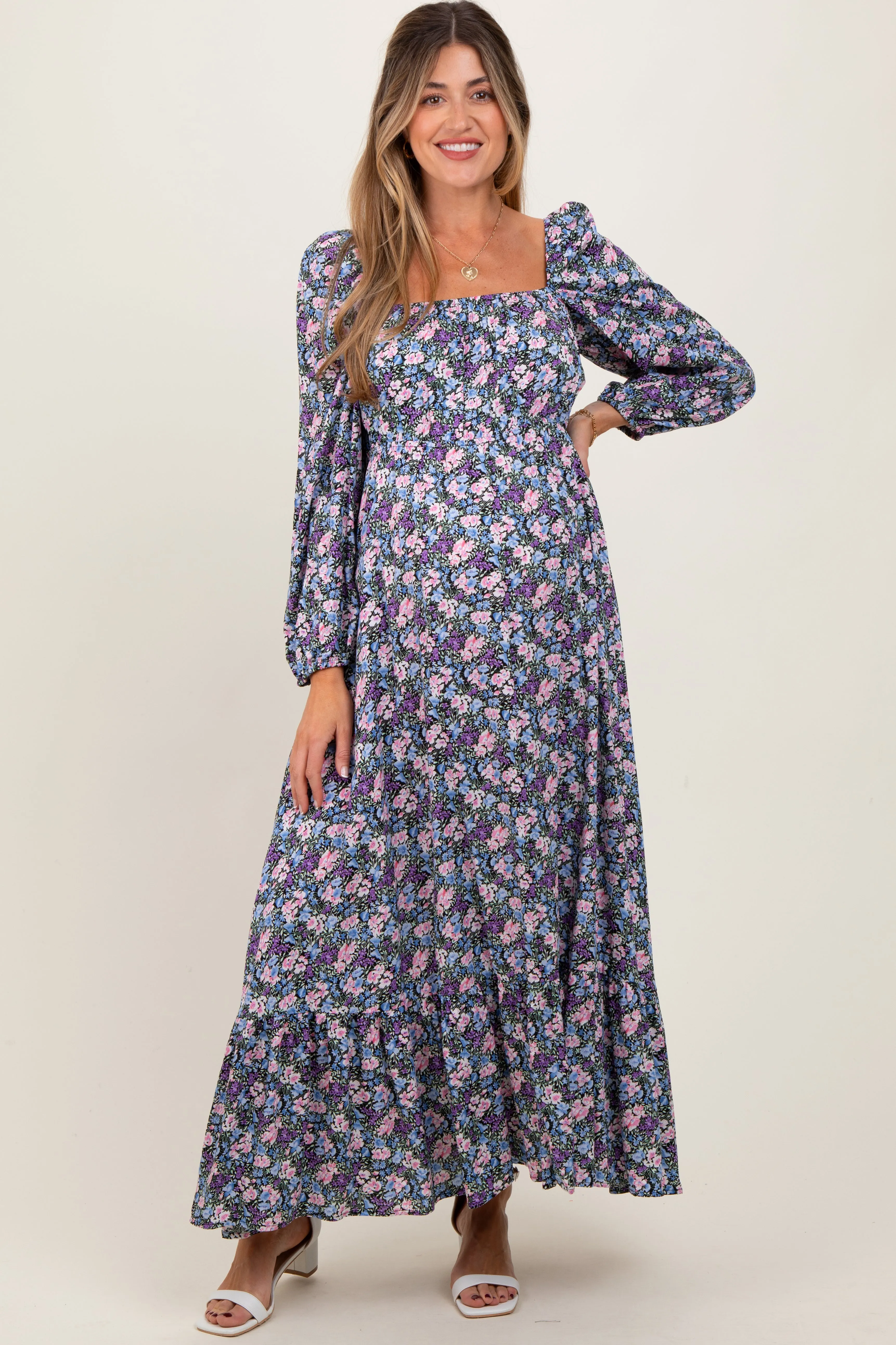 Blue Floral Reversible Long Sleeve Maternity Maxi Dress sold by Pinkblush
