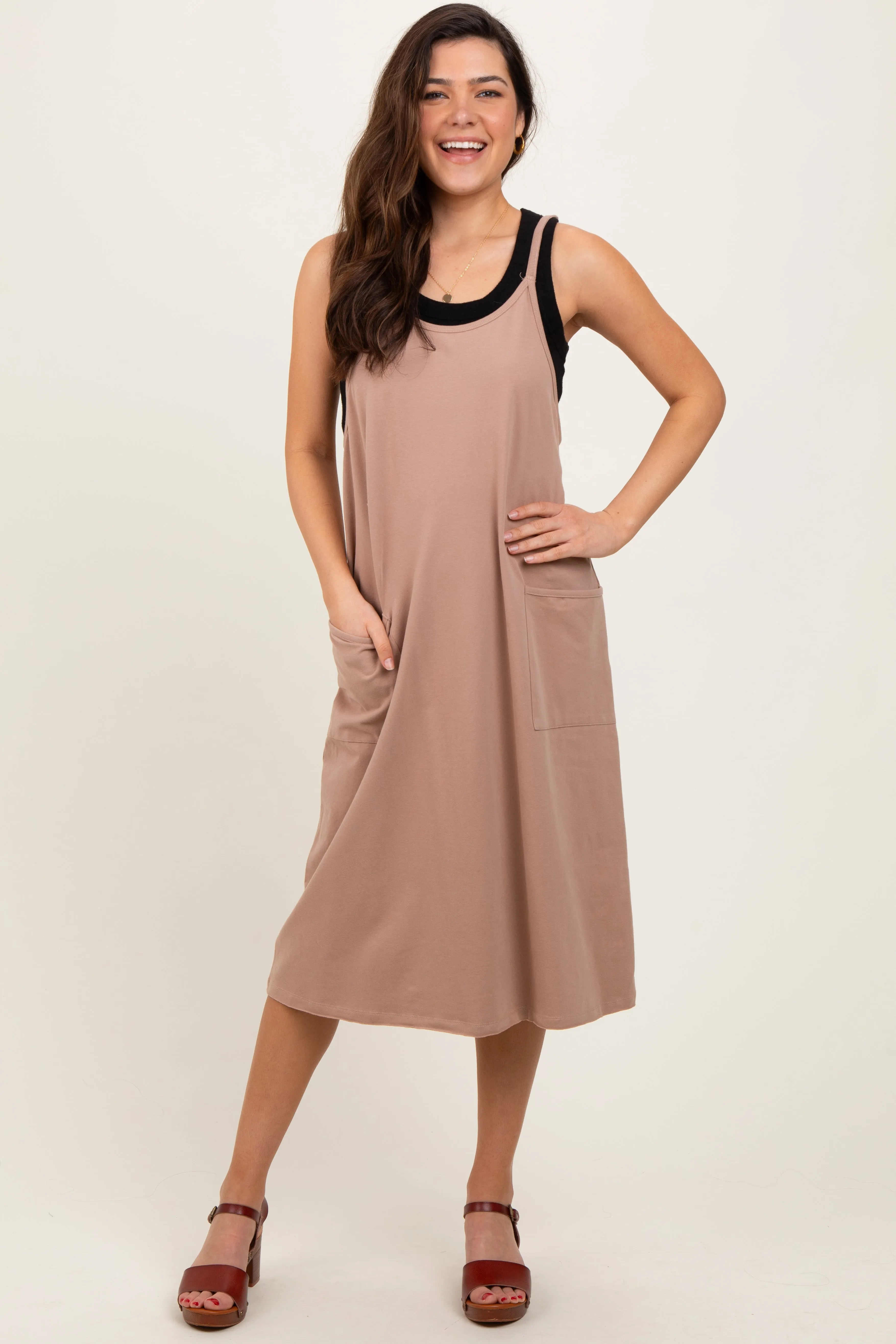 Taupe Knit V-Neck Cami Midi Dress sold by Pinkblush
