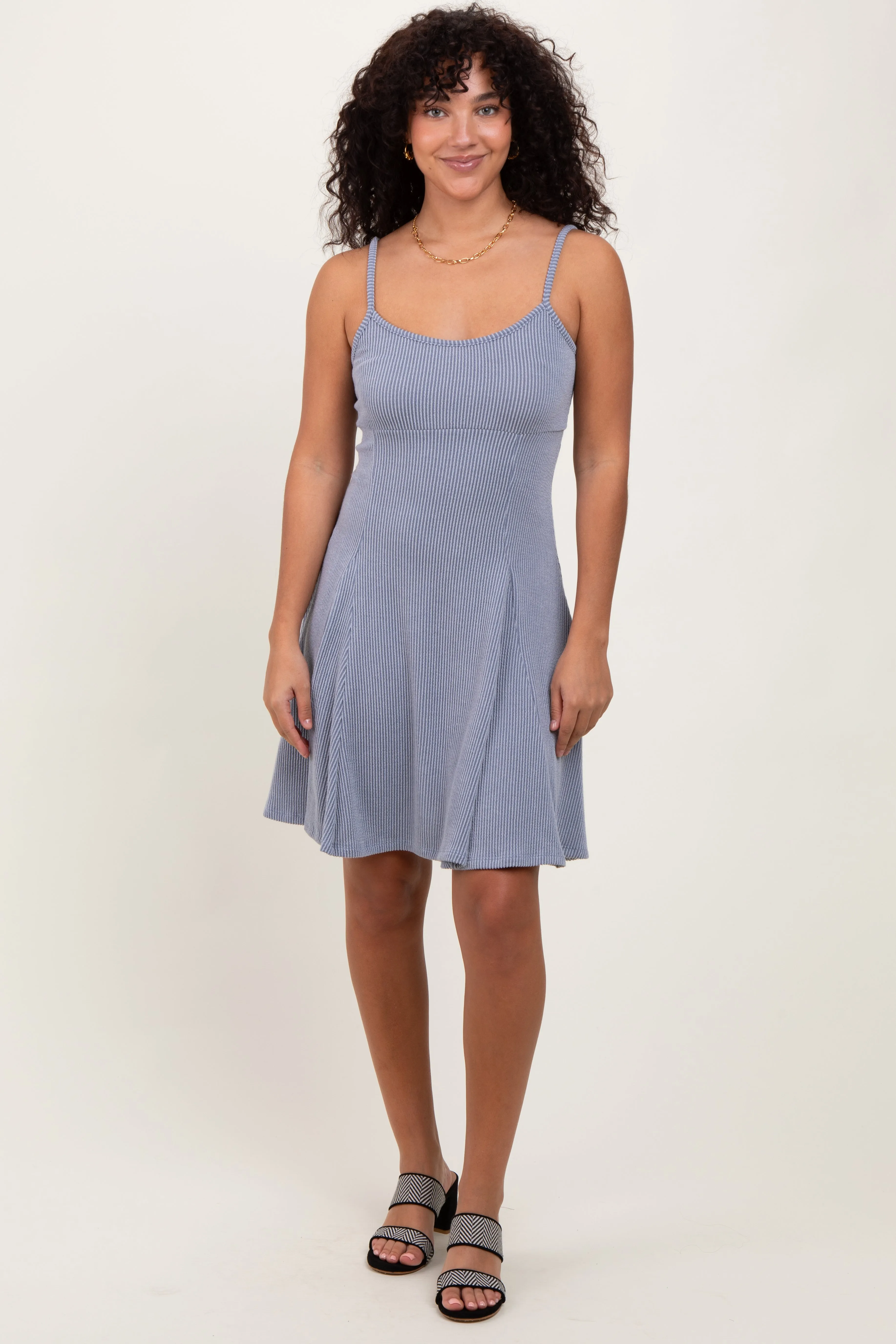 Light Blue Solid Ribbed Knitted Adjustable Strap Sleeveless Mini Dress sold by Pinkblush product image thumbnail 2