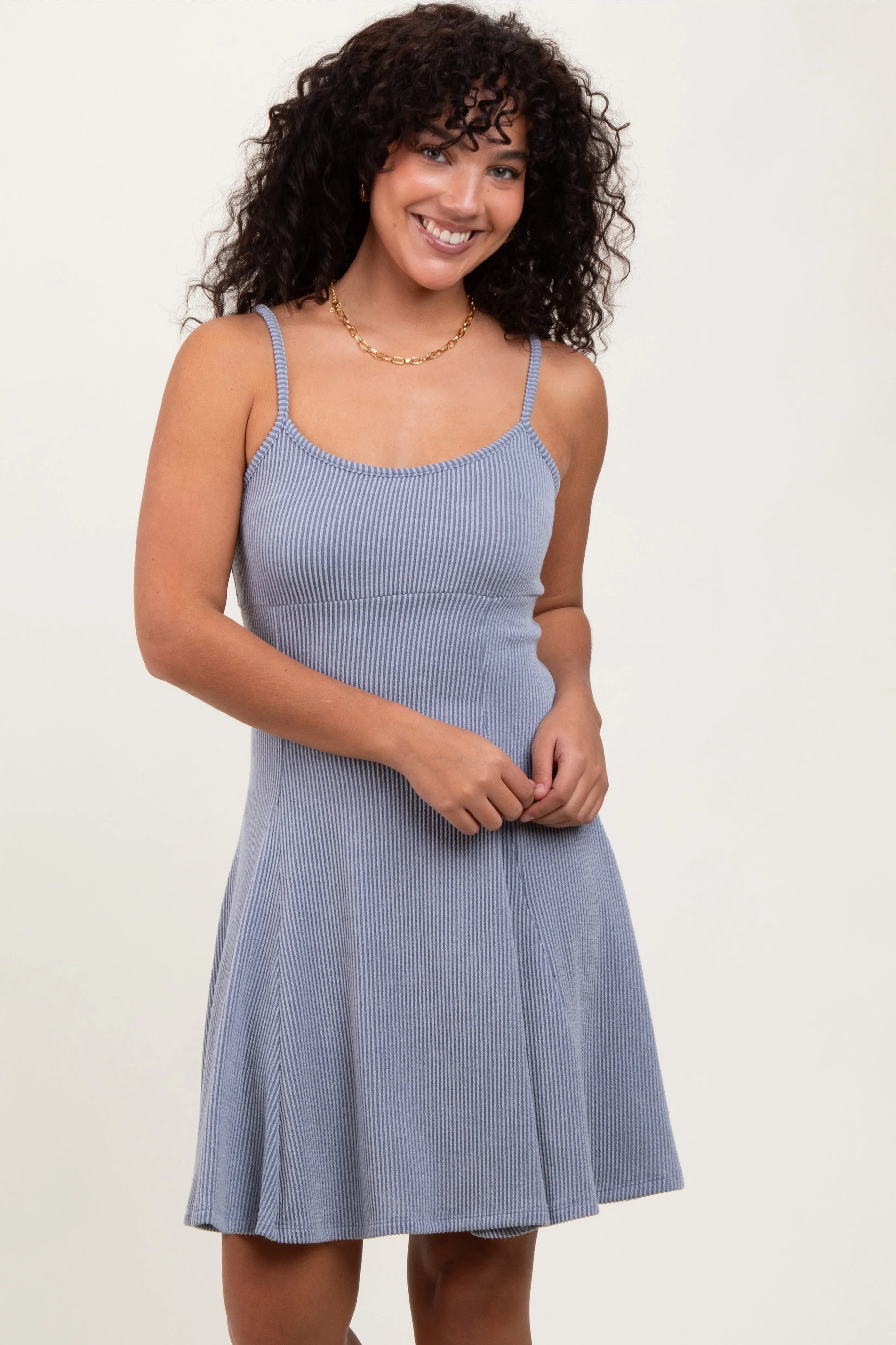 Light Blue Solid Ribbed Knitted Adjustable Strap Sleeveless Mini Dress sold by Pinkblush