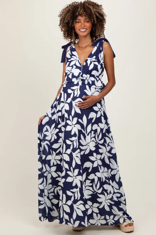 Navy Floral Deep V-Neck Shoulder Tie Maternity Maxi Dress sold by Pinkblush