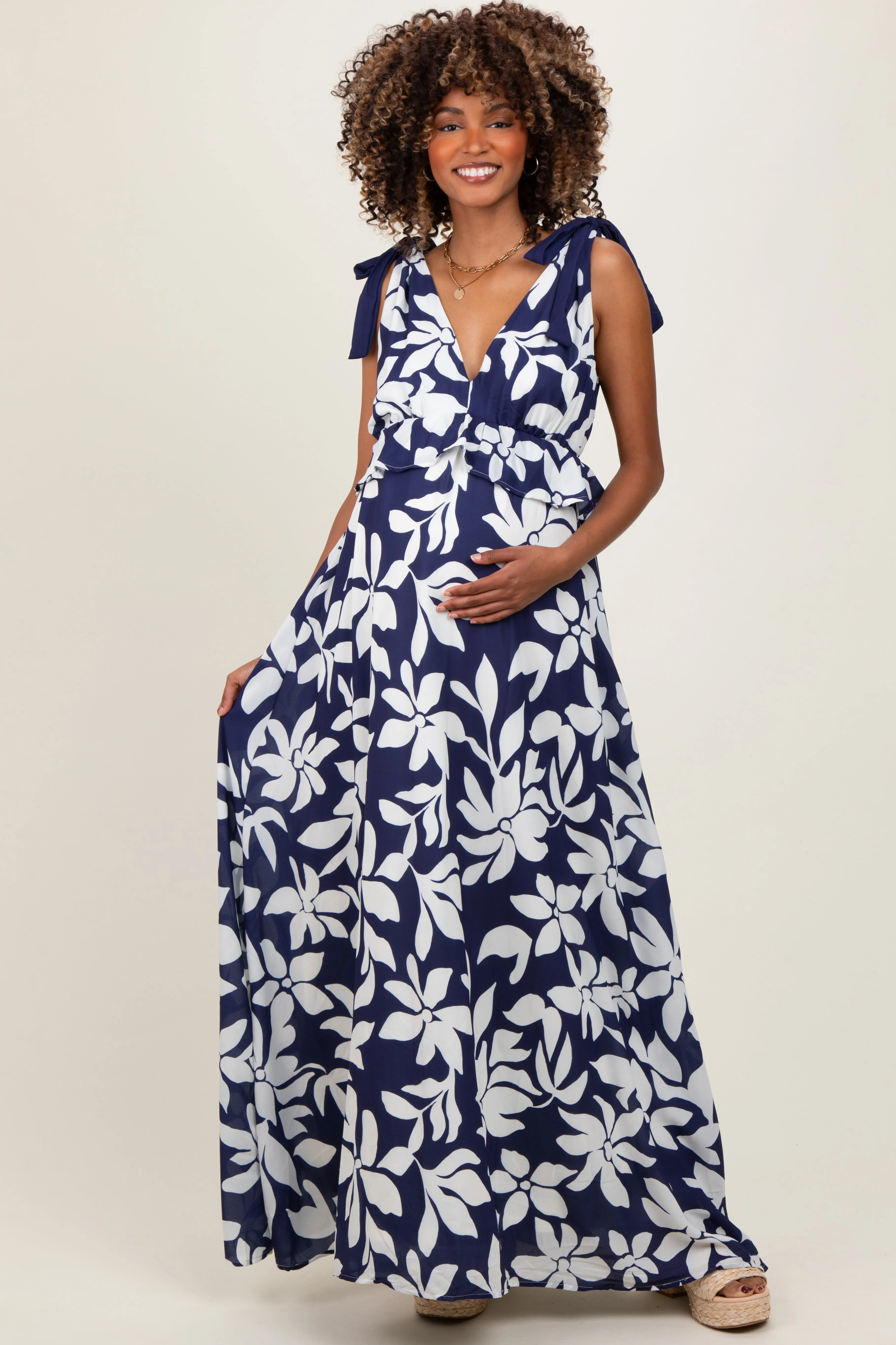 Navy Floral Deep V-Neck Shoulder Tie Maternity Maxi Dress sold by Pinkblush
