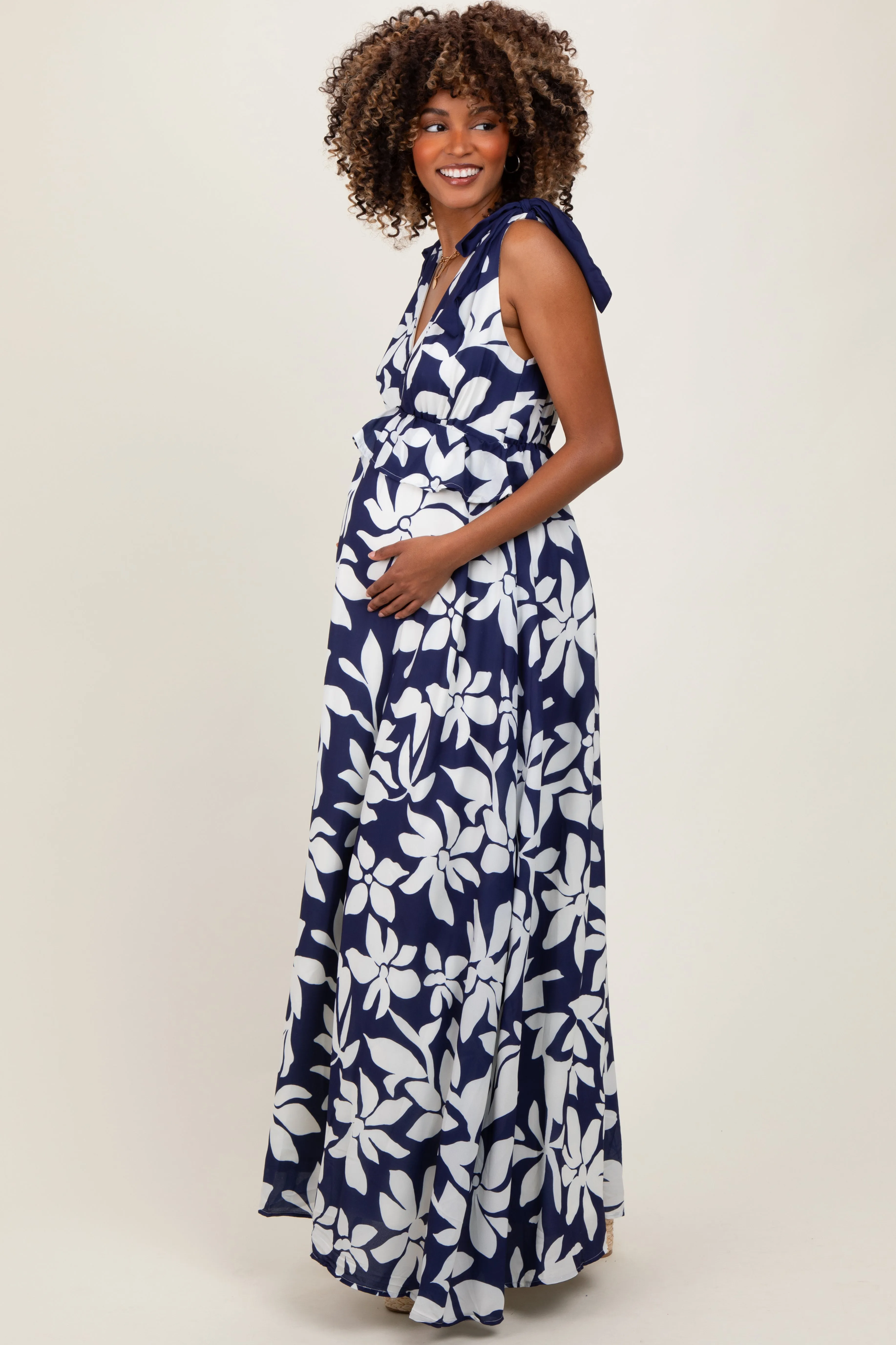 Navy Floral Deep V-Neck Shoulder Tie Maternity Maxi Dress sold by Pinkblush product image thumbnail 2