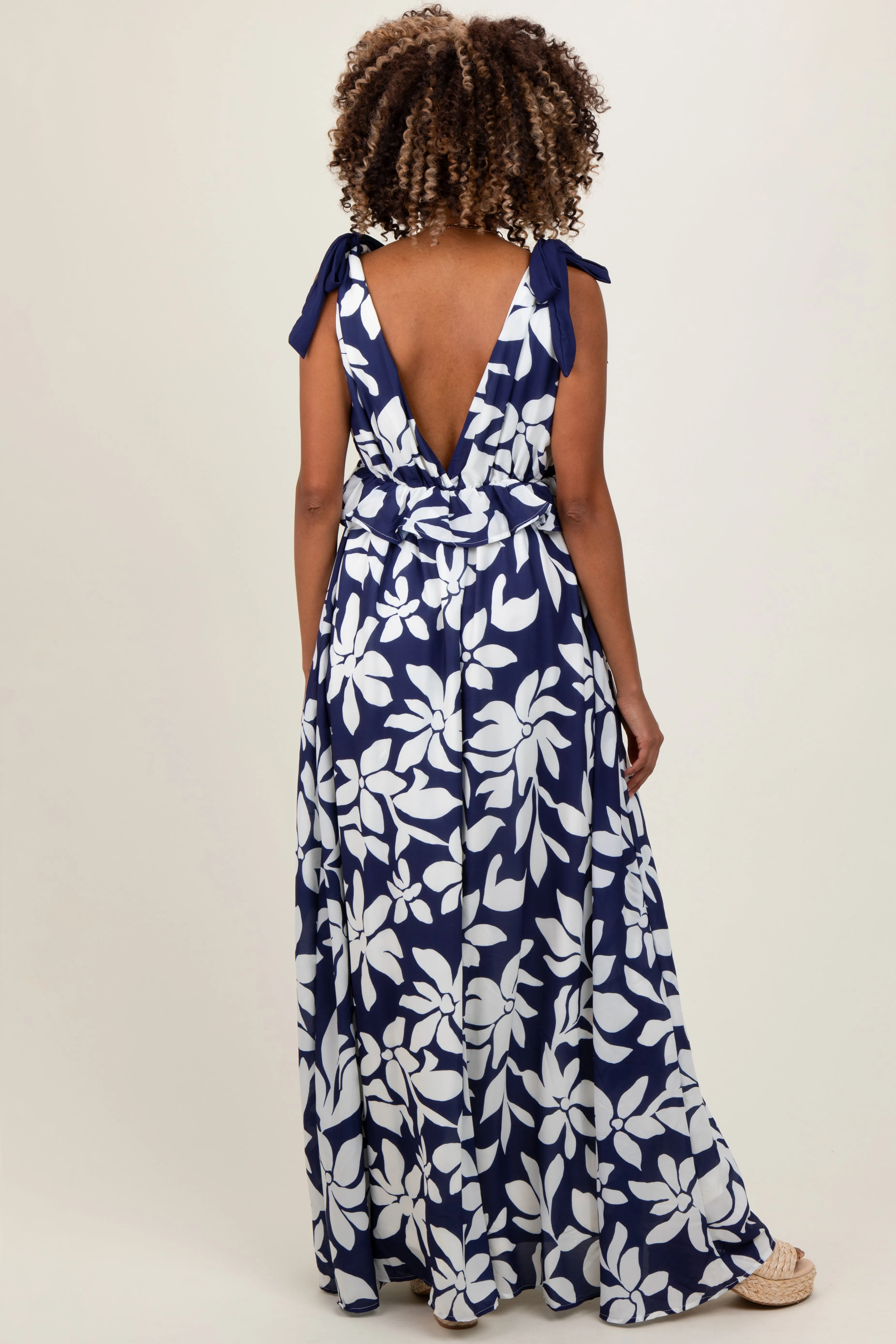 Navy Floral Deep V-Neck Shoulder Tie Maternity Maxi Dress sold by Pinkblush product image thumbnail 3