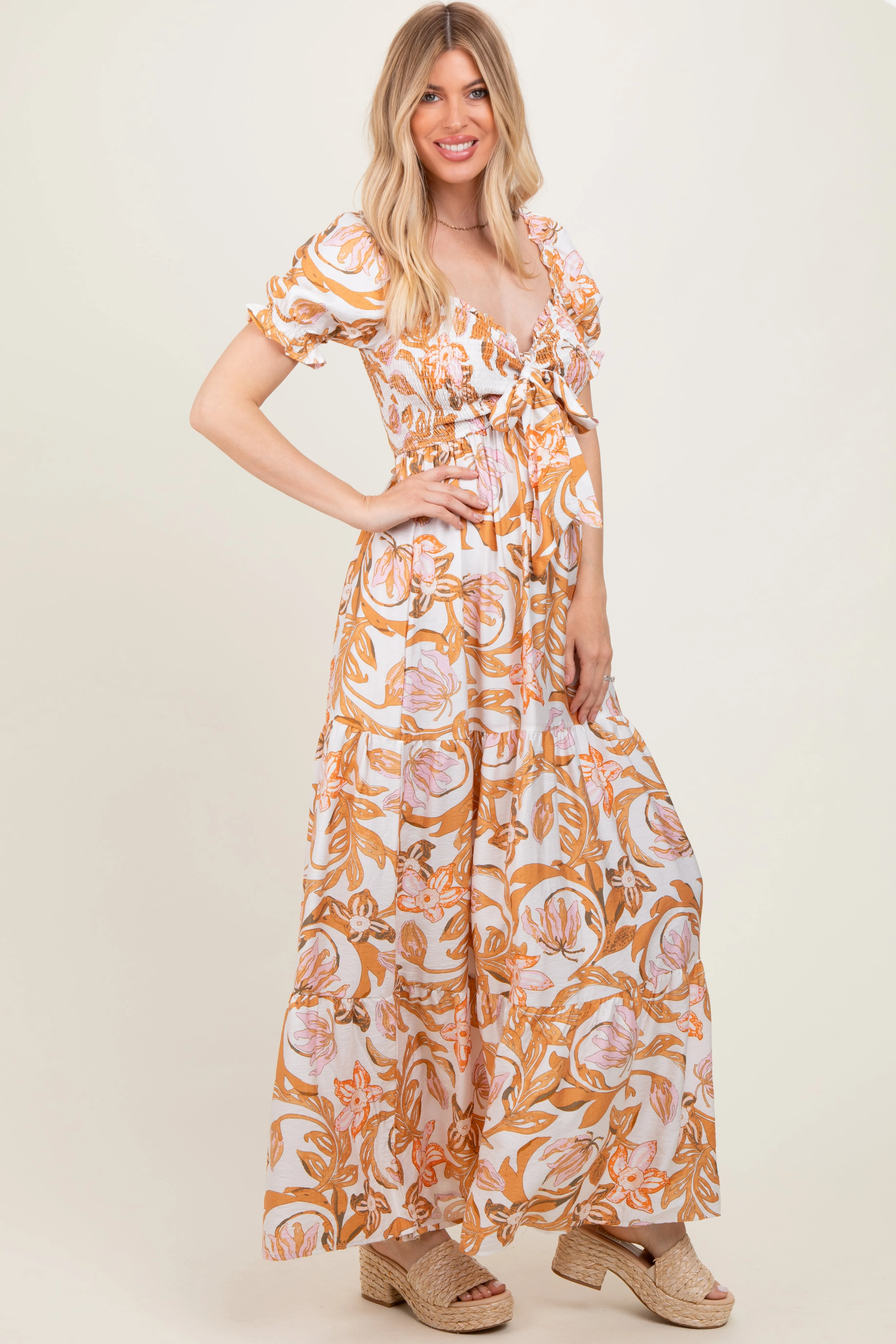 Taupe Floral Smocked Front Tie Maxi Dress sold by Pinkblush product image thumbnail 3
