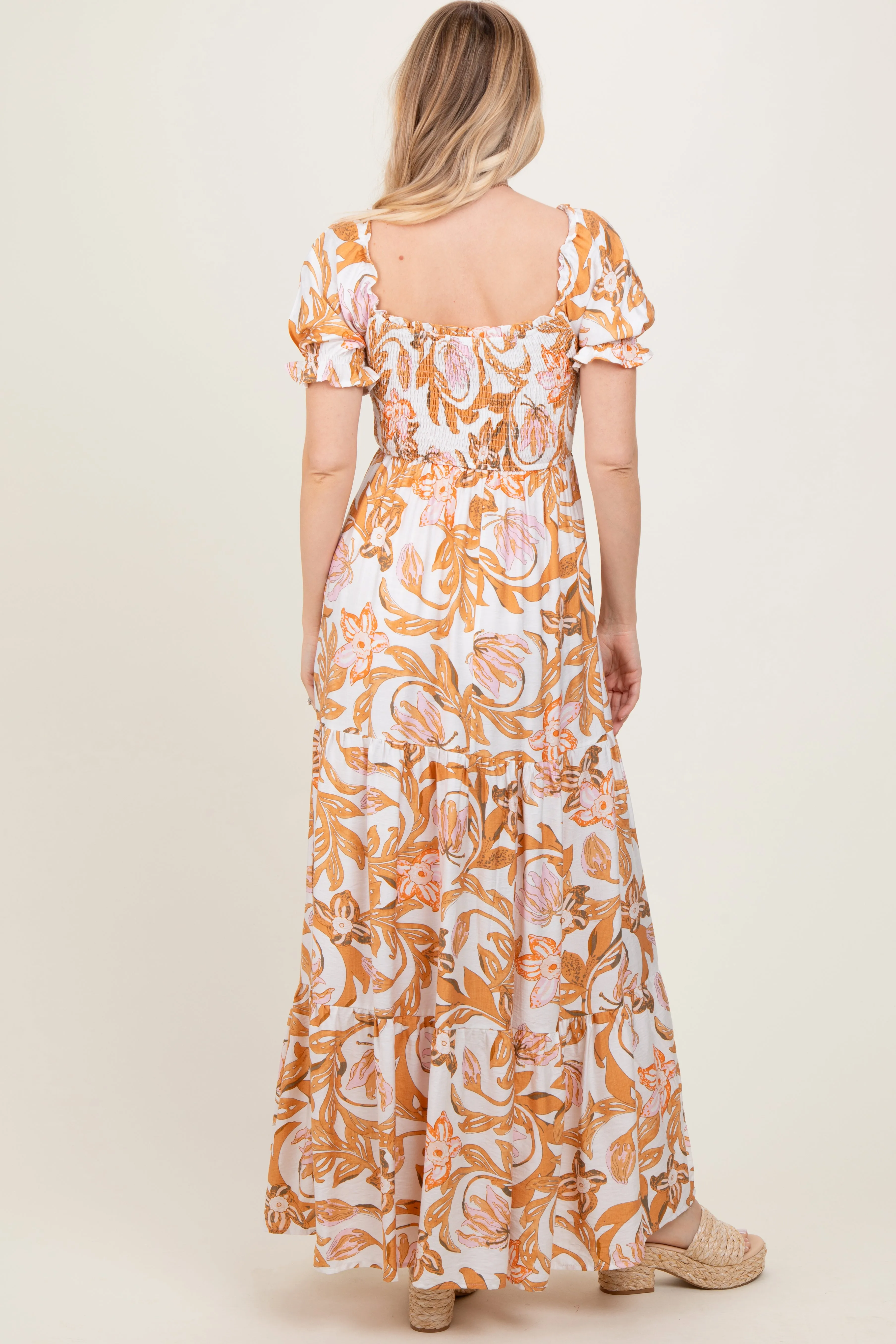 Taupe Floral Smocked Front Tie Maxi Dress sold by Pinkblush product image thumbnail 4