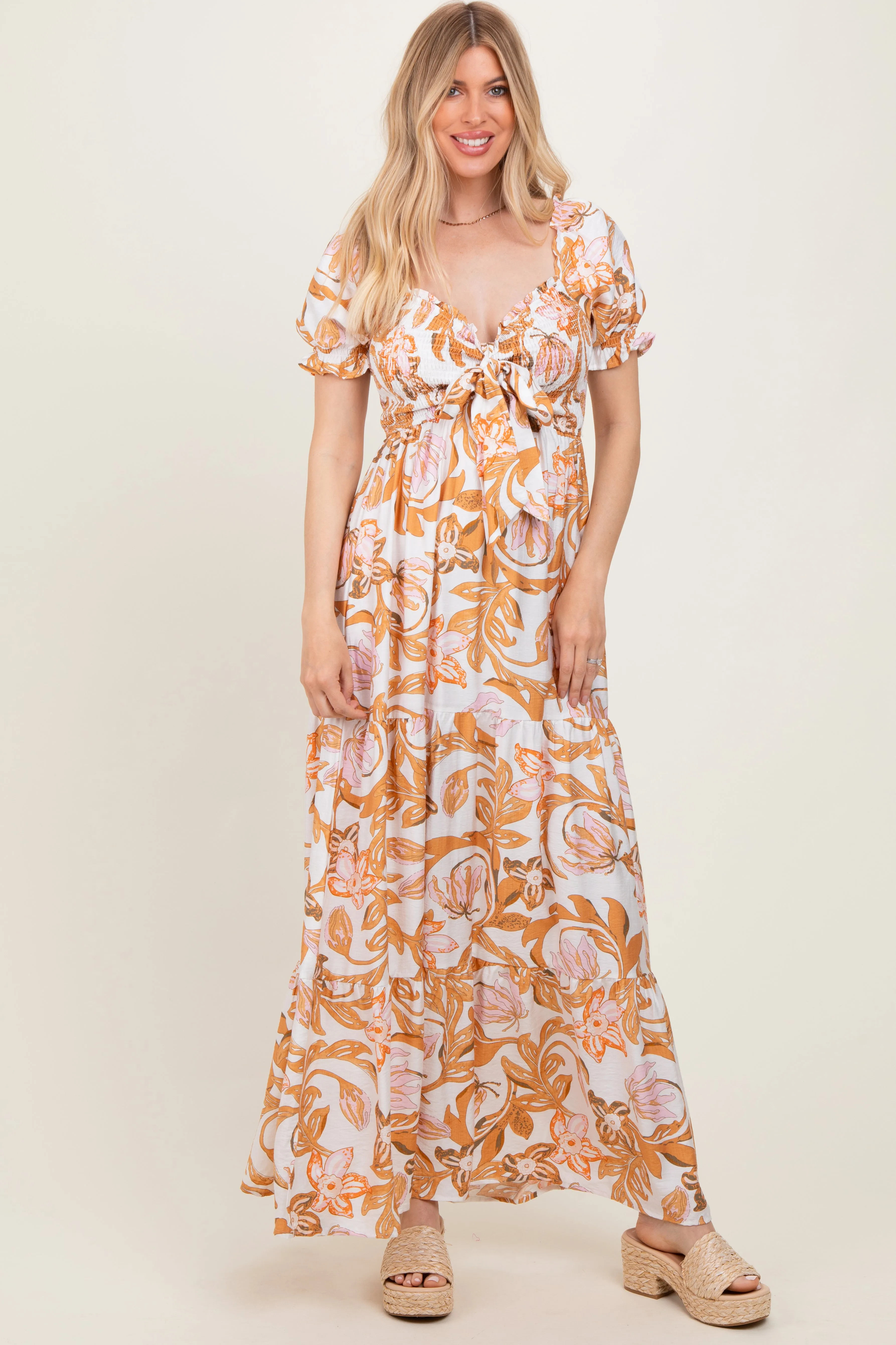 Taupe Floral Smocked Front Tie Maxi Dress sold by Pinkblush product image thumbnail 2