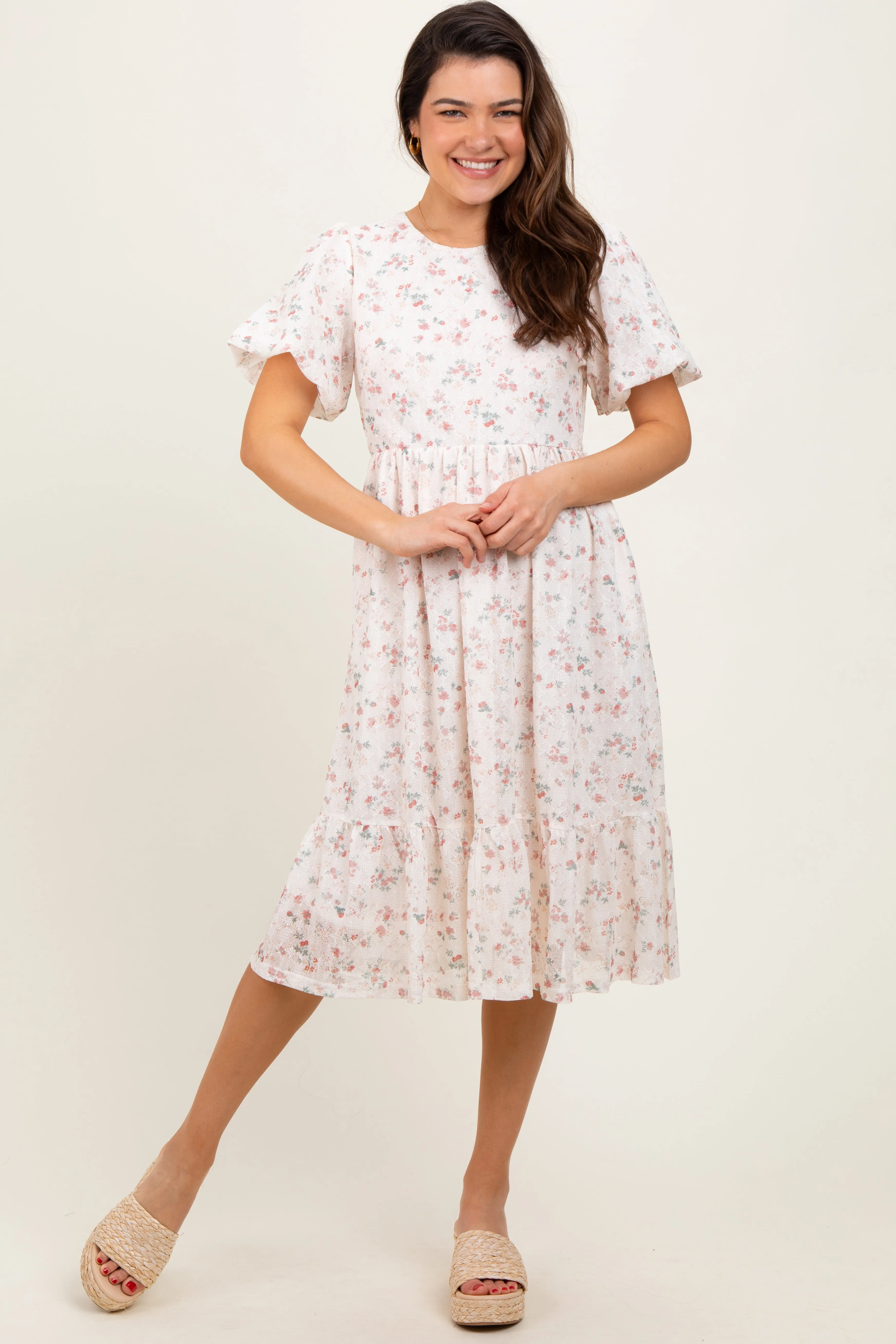 Ivory Floral Lace Ruffle Midi Dress sold by Pinkblush product image thumbnail 2