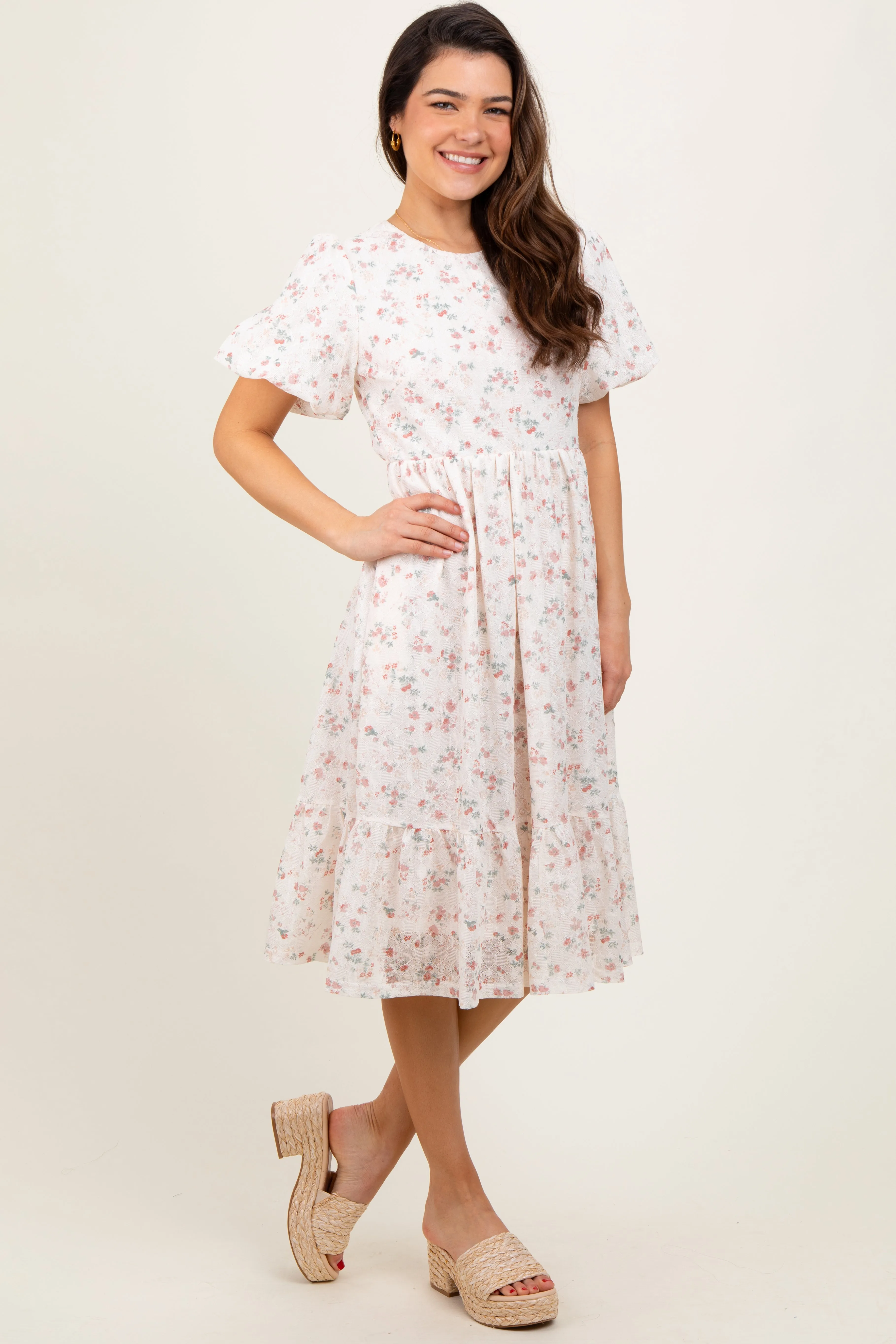 Ivory Floral Lace Ruffle Midi Dress sold by Pinkblush product image thumbnail 3