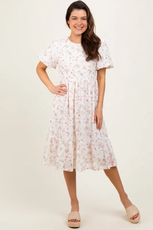 Ivory Floral Lace Ruffle Midi Dress sold by Pinkblush
