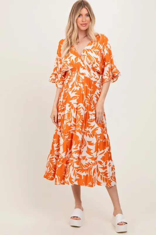 Orange Abstract Floral V-Neck Tiered Midi Dress sold by Pinkblush