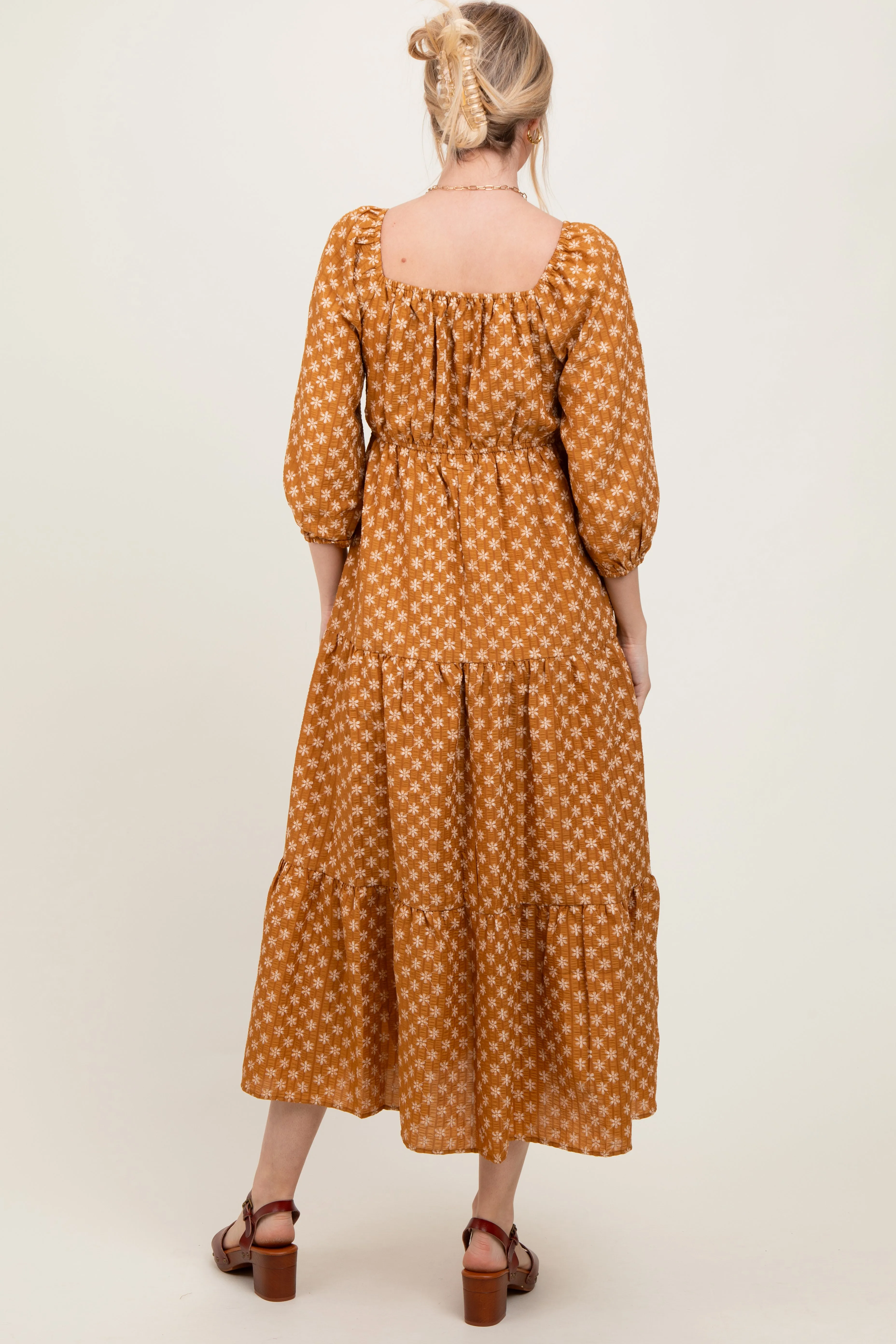 Dark Yellow Floral Long Sleeve Tiered Maxi Dress sold by Pinkblush product image thumbnail 3